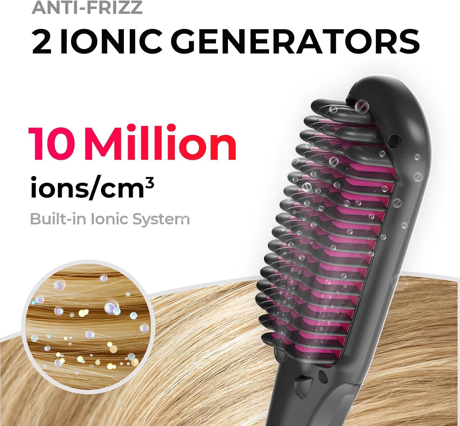 TYMO Ionic Hair Straightener Brush – Straightening Comb with 10M Negative Ions, 25s Heat-up, 16 Temps, Dual Voltage, LED Display | Ceramic Hot Comb Hair Brush Straightener for Women, Pink(Elegant Matte Black)