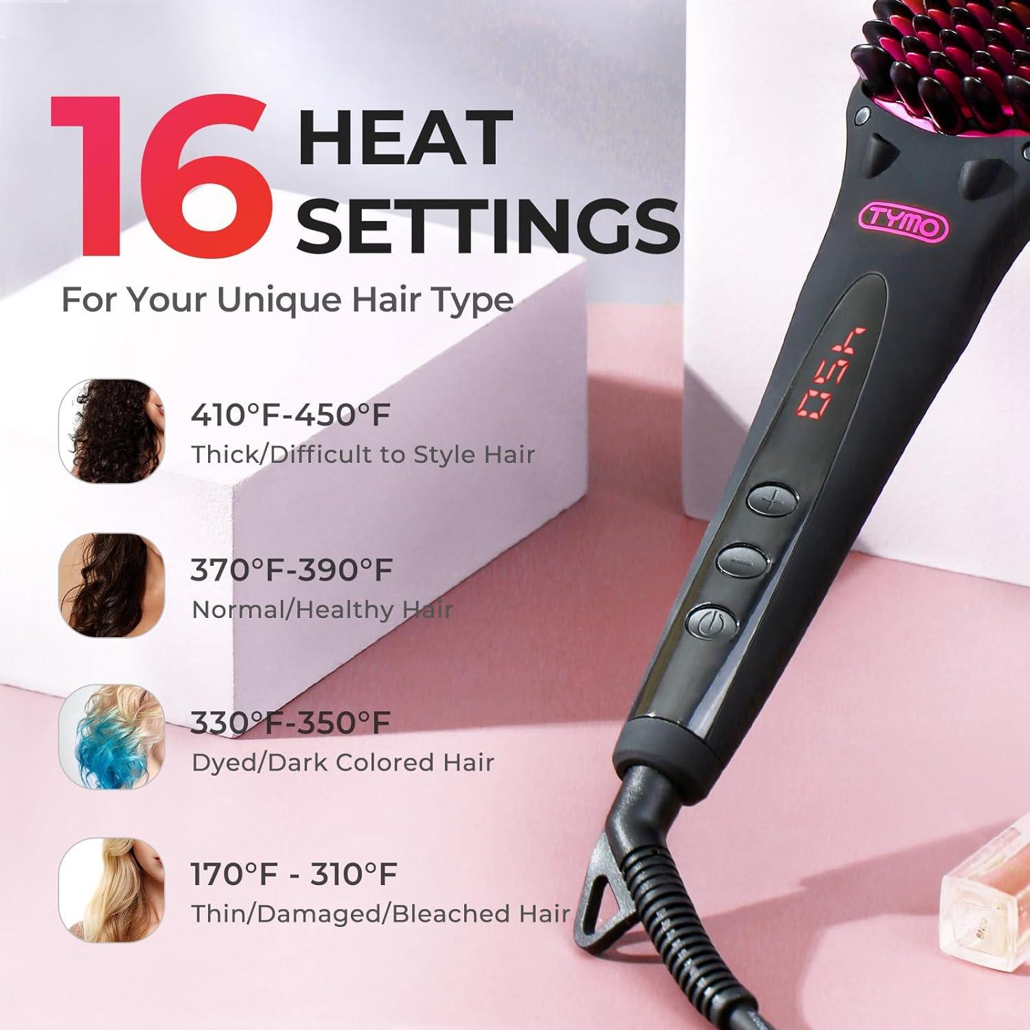 TYMO Ionic Hair Straightener Brush – Straightening Comb with 10M Negative Ions, 25s Heat-up, 16 Temps, Dual Voltage, LED Display | Ceramic Hot Comb Hair Brush Straightener for Women, Pink(Elegant Matte Black)
