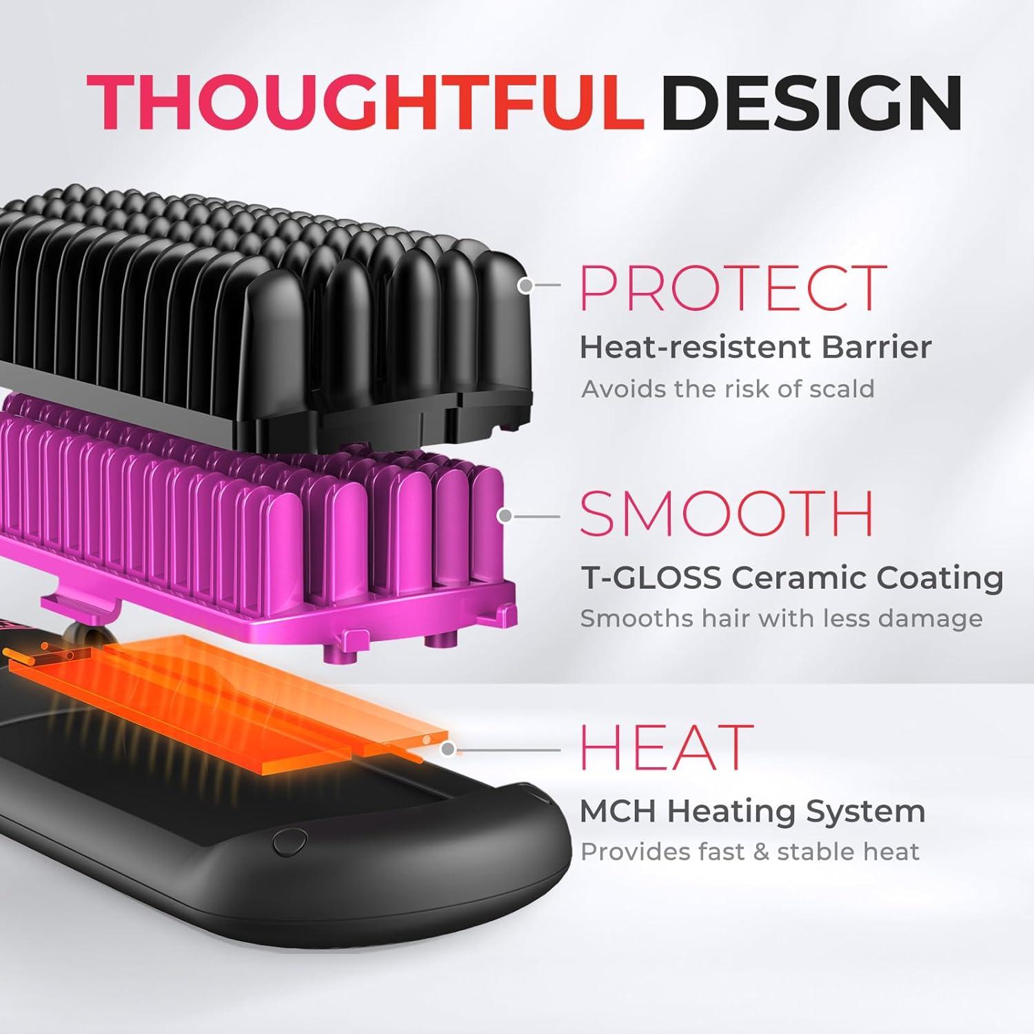 TYMO Ionic Hair Straightener Brush – Straightening Comb with 10M Negative Ions, 25s Heat-up, 16 Temps, Dual Voltage, LED Display | Ceramic Hot Comb Hair Brush Straightener for Women, Pink(Elegant Matte Black)