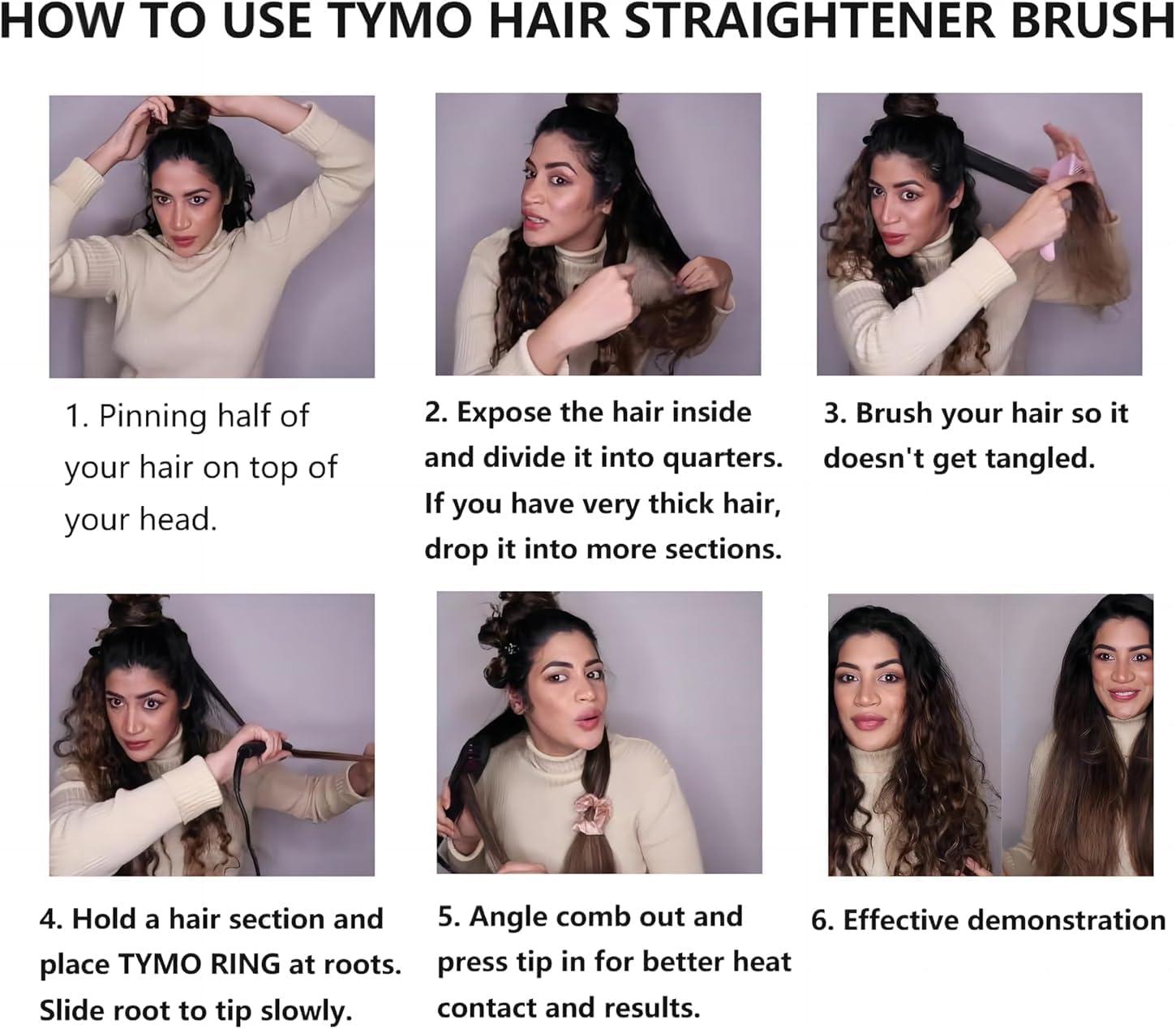 TYMO Ionic Hair Straightener Brush – Straightening Comb with 10M Negative Ions, 25s Heat-up, 16 Temps, Dual Voltage, LED Display | Ceramic Hot Comb Hair Brush Straightener for Women, Pink(Elegant Matte Black)