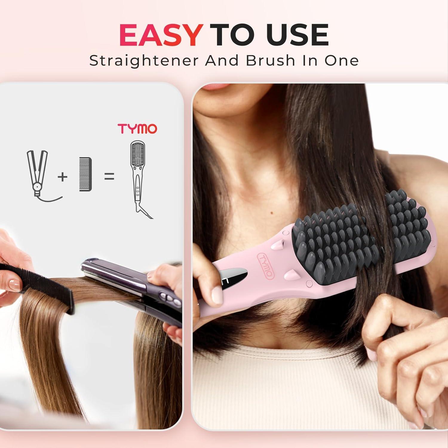 TYMO Ionic Hair Straightener Brush – Straightening Comb with 10M Negative Ions, 25s Heat-up, 16 Temps, Dual Voltage, LED Display | Ceramic Hot Comb Hair Brush Straightener for Women, Pink(Pink)