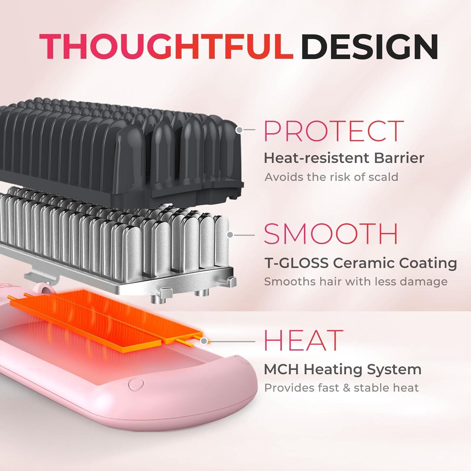 TYMO Ionic Hair Straightener Brush – Straightening Comb with 10M Negative Ions, 25s Heat-up, 16 Temps, Dual Voltage, LED Display | Ceramic Hot Comb Hair Brush Straightener for Women, Pink(Pink)