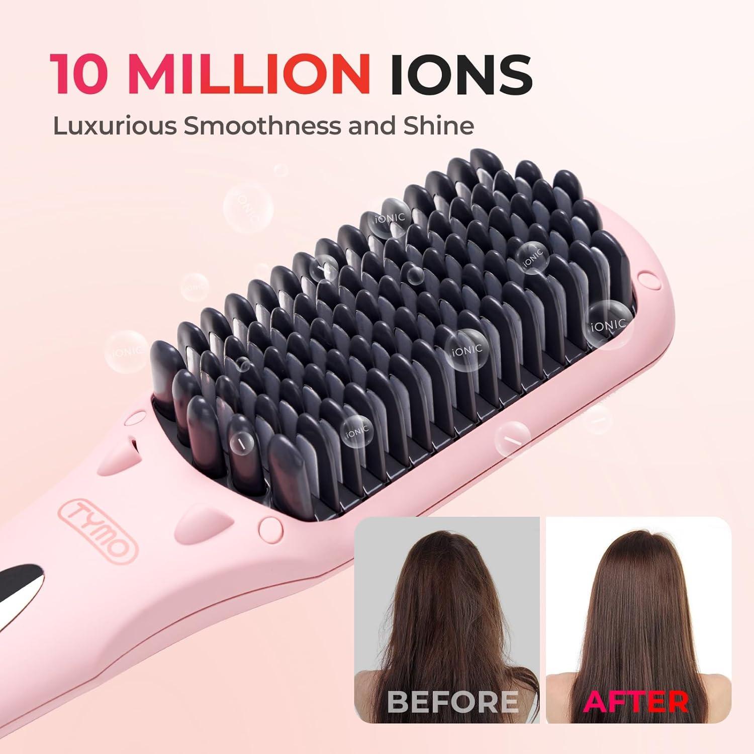 TYMO Ionic Hair Straightener Brush – Straightening Comb with 10M Negative Ions, 25s Heat-up, 16 Temps, Dual Voltage, LED Display | Ceramic Hot Comb Hair Brush Straightener for Women, Pink(Pink)