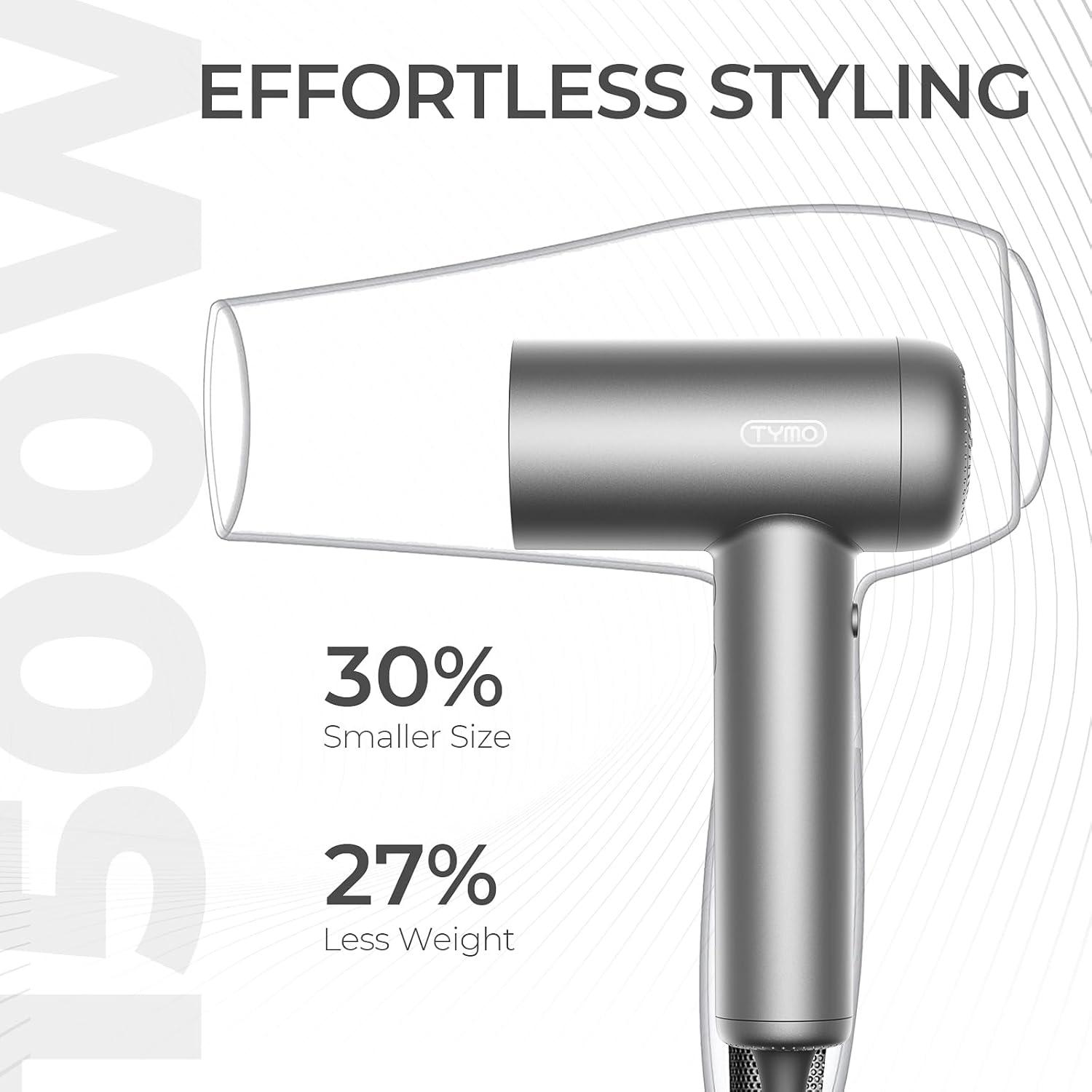 TYMO Ionic Hair Dryer for Women, Professional Blow Dryer with 110000 RPM Brushless Motor for Fast Drying, Travel Lightweight AIRHYPE Lite Hairdryer, Low Noise, 4 Temps & 3 Speeds for Man, Silver(Silver)