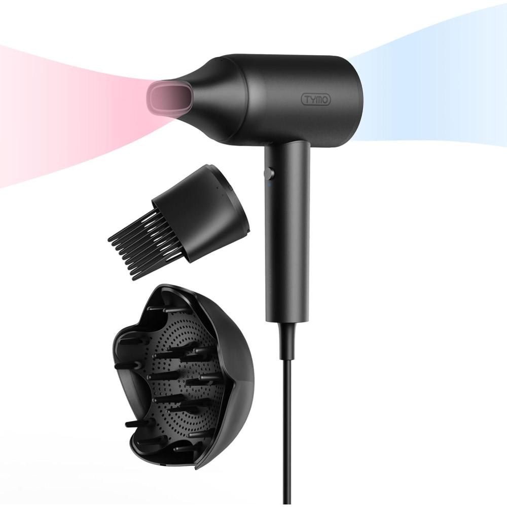 TYMO Diffuser Hair Dryer Blow Dryer – 300 Million Ionic Hairdryer with Diffuser & Comb Attachment for Curly Hair, Professional Blowdryer for Women, Cool Air Button, Small Travel Lightweight, Black(Black)