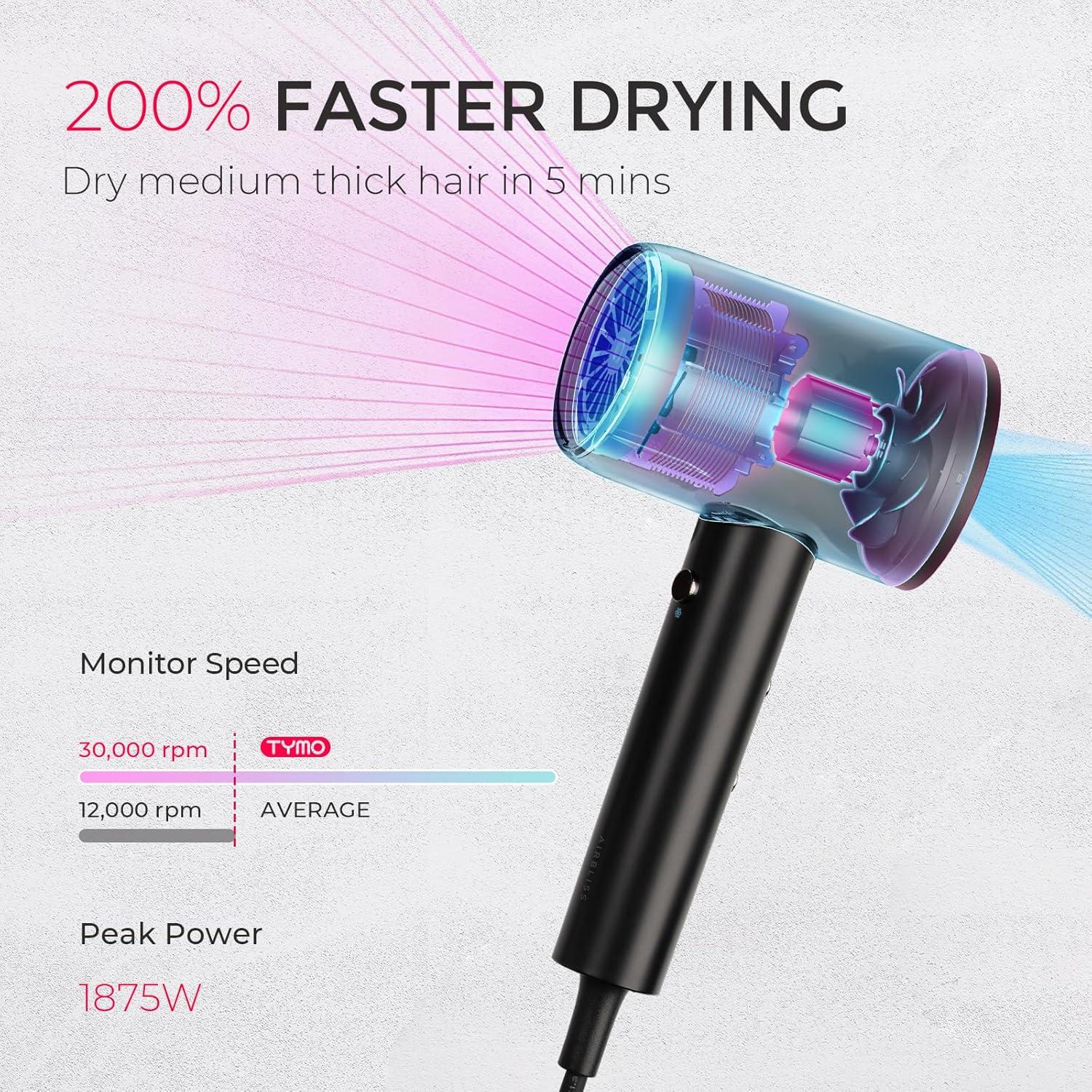 TYMO Diffuser Hair Dryer Blow Dryer – 300 Million Ionic Hairdryer with Diffuser & Comb Attachment for Curly Hair, Professional Blowdryer for Women, Cool Air Button, Small Travel Lightweight, Black(Black)
