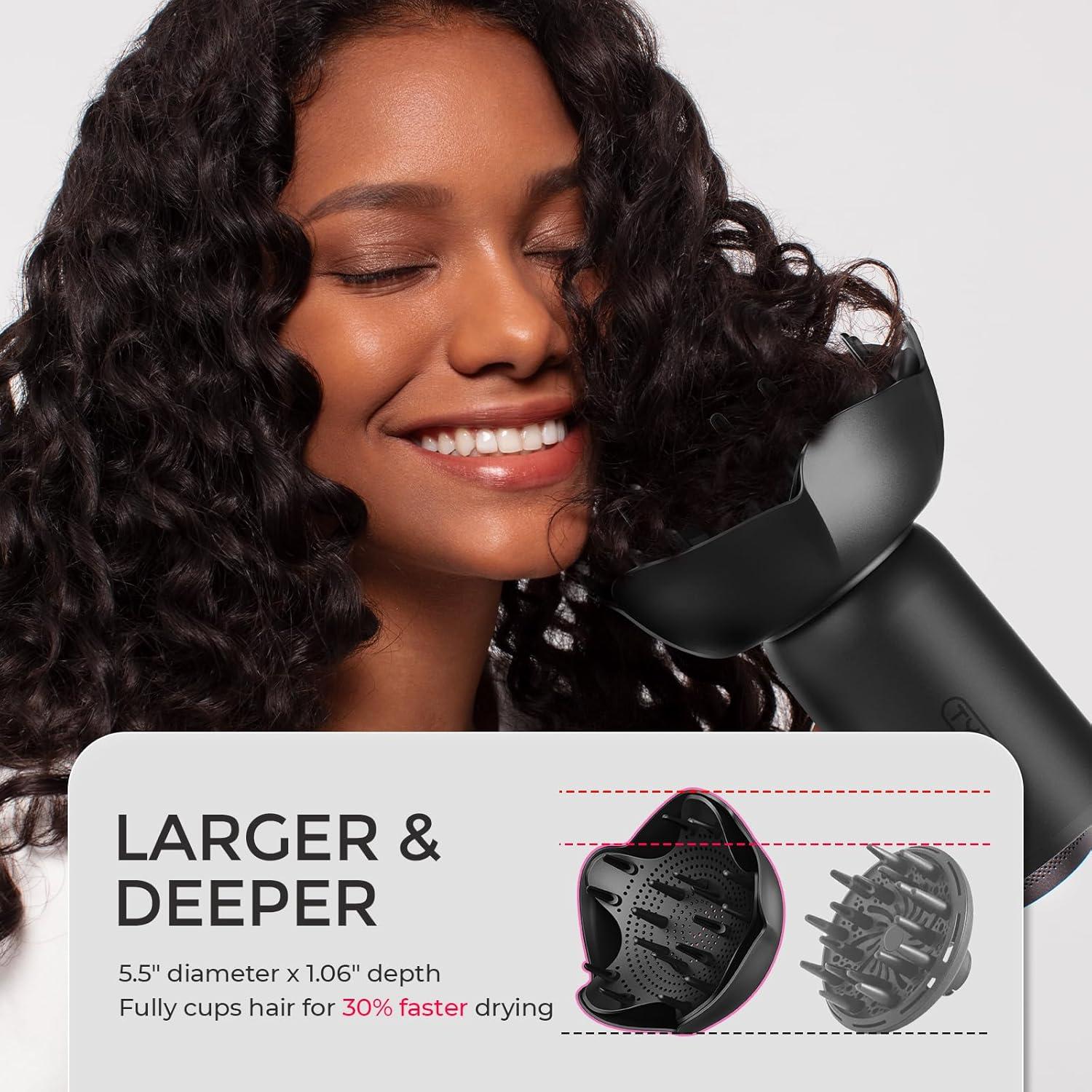 TYMO Diffuser Hair Dryer Blow Dryer – 300 Million Ionic Hairdryer with Diffuser & Comb Attachment for Curly Hair, Professional Blowdryer for Women, Cool Air Button, Small Travel Lightweight, Black(Black)