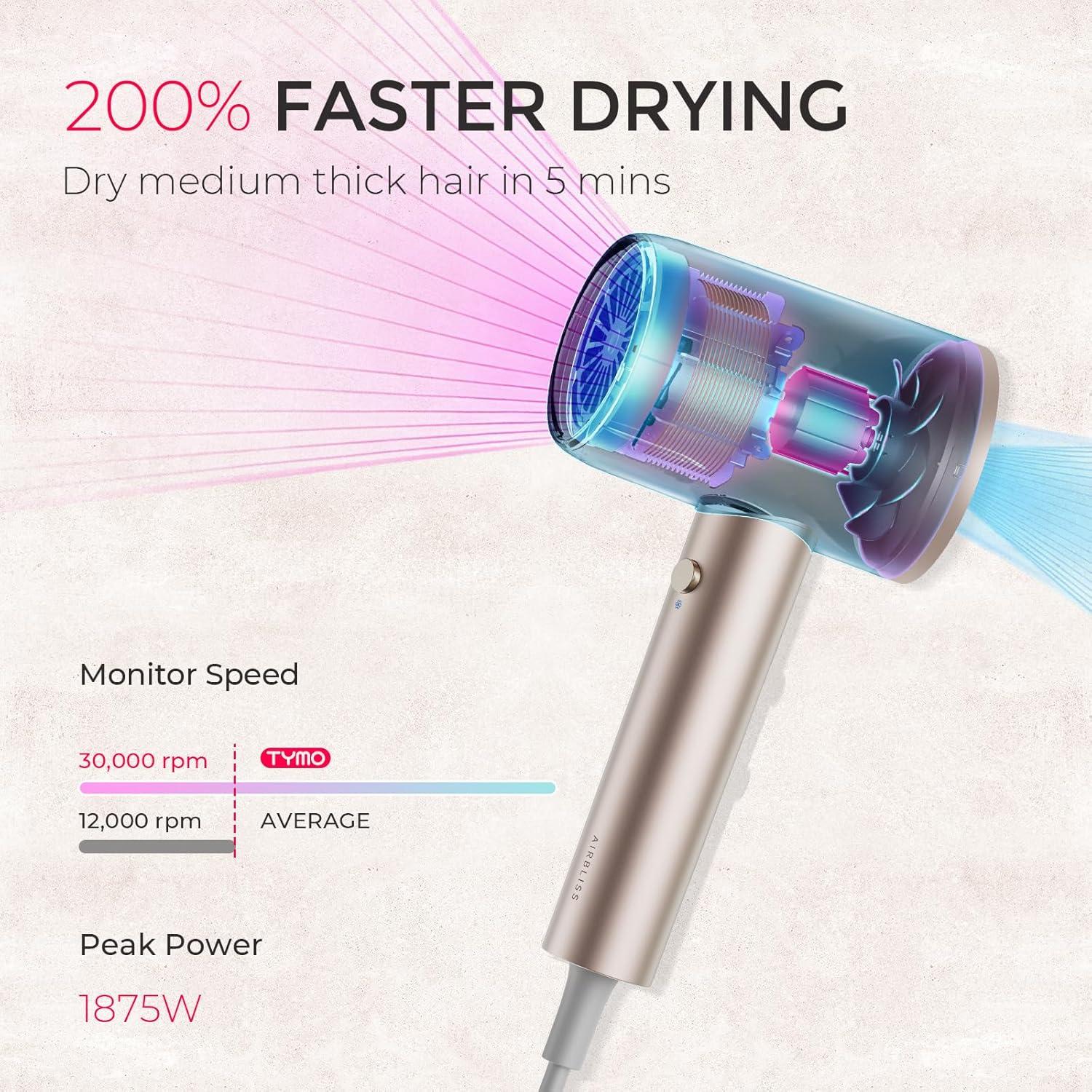 TYMO Diffuser Hair Dryer Blow Dryer – 300 Million Ionic Hairdryer with Diffuser & Comb Attachment for Curly Hair, Professional Blowdryer for Women, Cool Air Button, Small Travel Lightweight, Black(Gold)