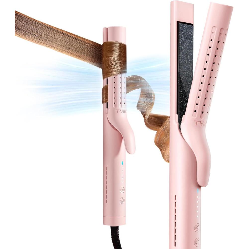 TYMO Airflow Curling Iron for Lasting Curls – Flat Iron Hair Straightener and Curler 2 in 1, Anti-Scald Ionic Curling Wand 1.25 Inch, 360° Cool Air, 5 Temps & Dual Voltage for Long Short Hair, Pink(Pink)