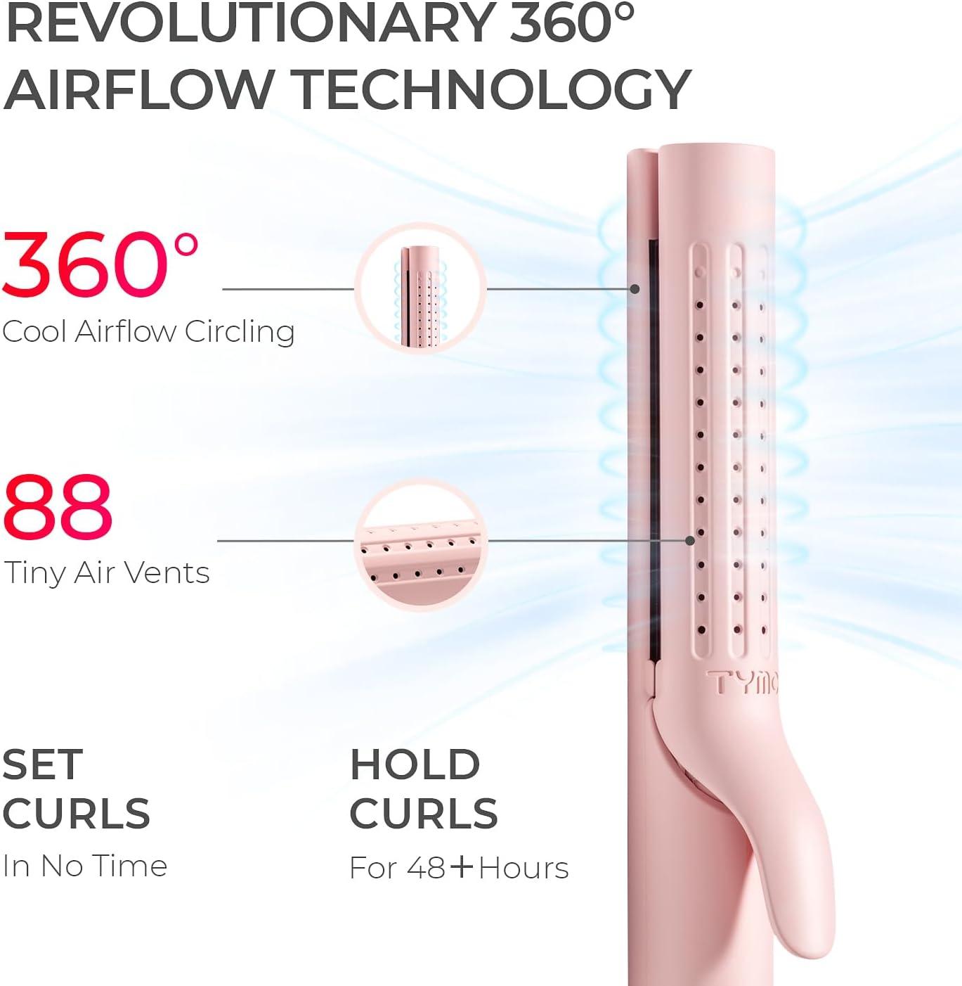TYMO Airflow Curling Iron for Lasting Curls – Flat Iron Hair Straightener and Curler 2 in 1, Anti-Scald Ionic Curling Wand 1.25 Inch, 360° Cool Air, 5 Temps & Dual Voltage for Long Short Hair, Pink(Pink)