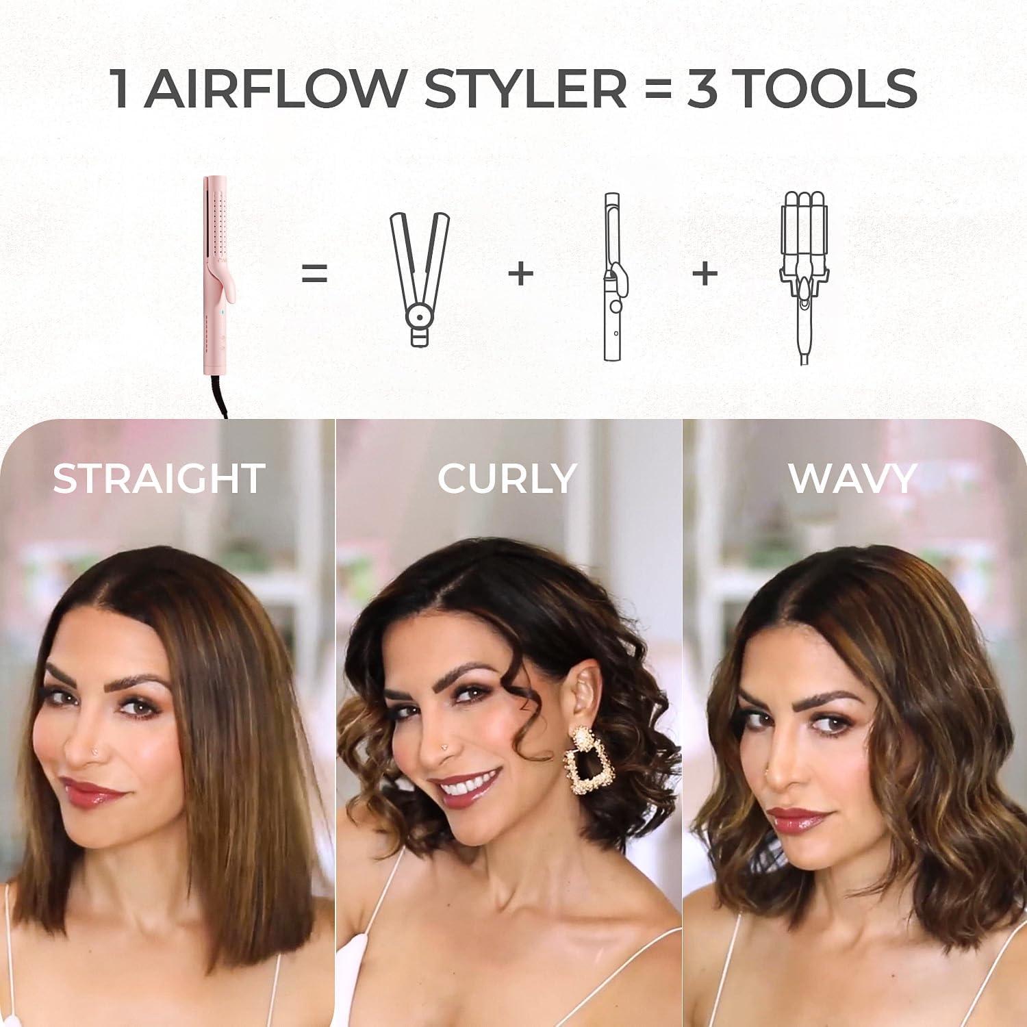 TYMO Airflow Curling Iron for Lasting Curls – Flat Iron Hair Straightener and Curler 2 in 1, Anti-Scald Ionic Curling Wand 1.25 Inch, 360° Cool Air, 5 Temps & Dual Voltage for Long Short Hair, Pink(Pink)