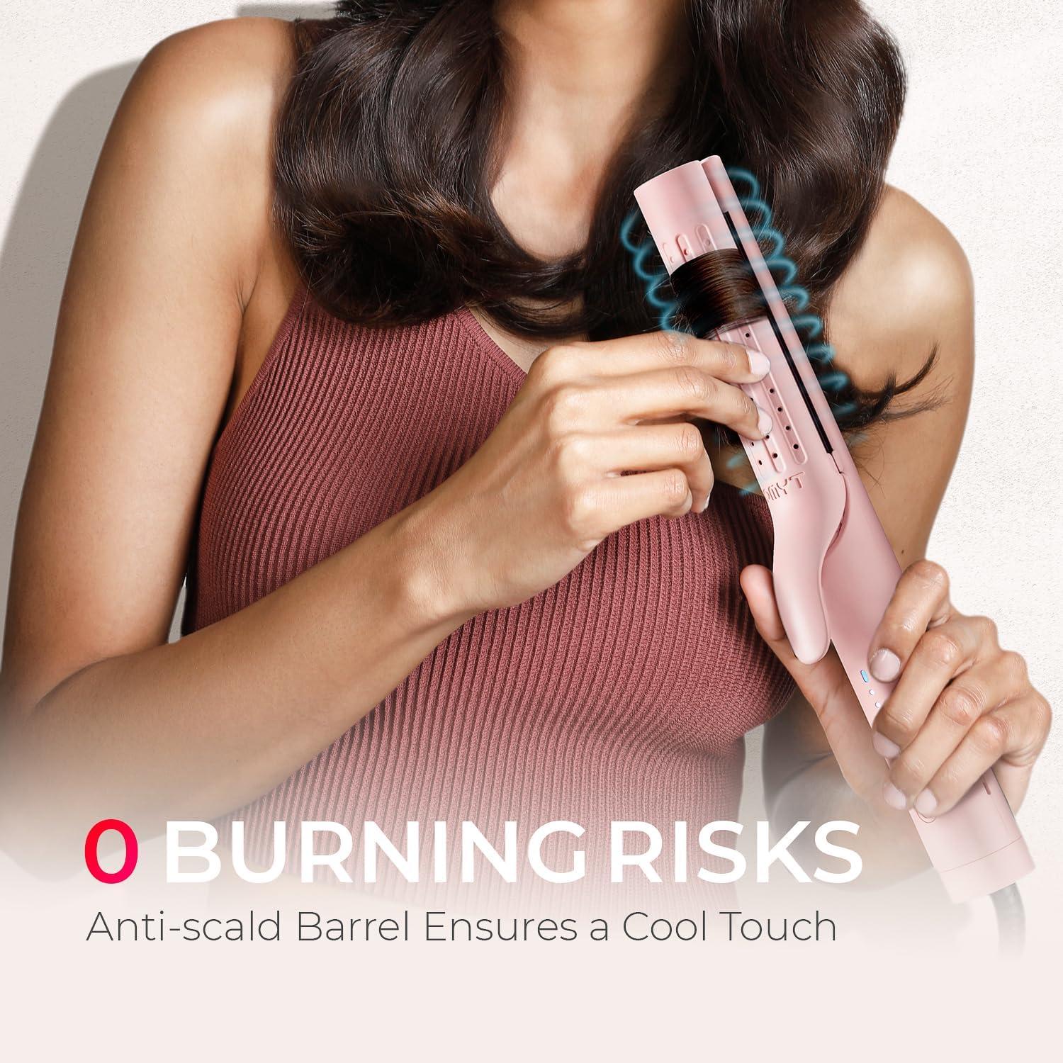 TYMO Airflow Curling Iron for Lasting Curls – Flat Iron Hair Straightener and Curler 2 in 1, Anti-Scald Ionic Curling Wand 1.25 Inch, 360° Cool Air, 5 Temps & Dual Voltage for Long Short Hair, Pink(Pink)