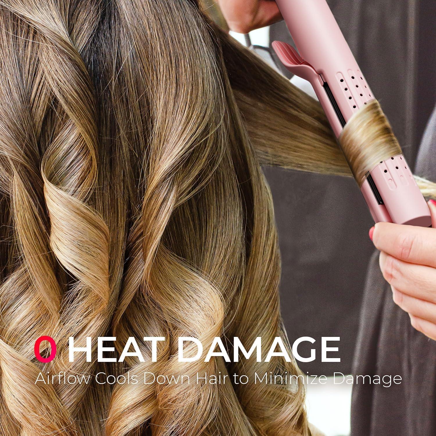TYMO Airflow Curling Iron for Lasting Curls – Flat Iron Hair Straightener and Curler 2 in 1, Anti-Scald Ionic Curling Wand 1.25 Inch, 360° Cool Air, 5 Temps & Dual Voltage for Long Short Hair, Pink(Pink)