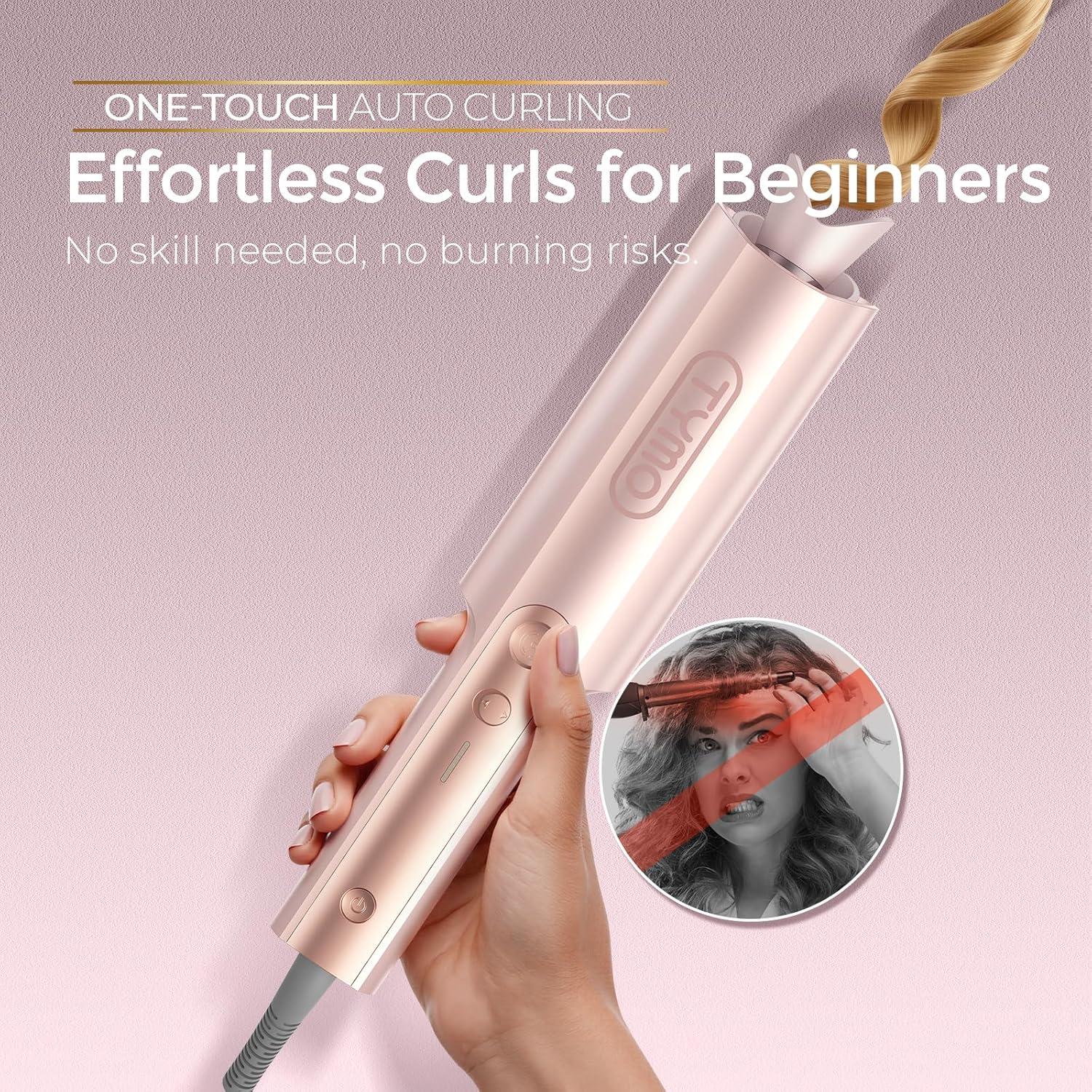 TYMO CurlPro Plus Automatic Rotating Curling Iron – Upgraded Long Barrel Curling Wand for Long Hair, Ceramic Hair Curler for Women, Anti-Scald, Tangle-Free, 600M Ionic, Dual Voltage, Gold, 1 1/2 Inch(Gold Blush)
