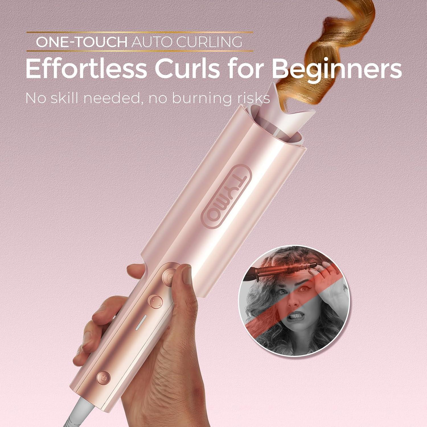 TYMO CurlPro Plus Automatic Rotating Curling Iron – Upgraded Long Barrel Curling Wand for Long Hair, Ceramic Hair Curler for Women, Anti-Scald, Tangle-Free, 600M Ionic, Dual Voltage, Gold, 1 1/2 Inch(Gold Blush)