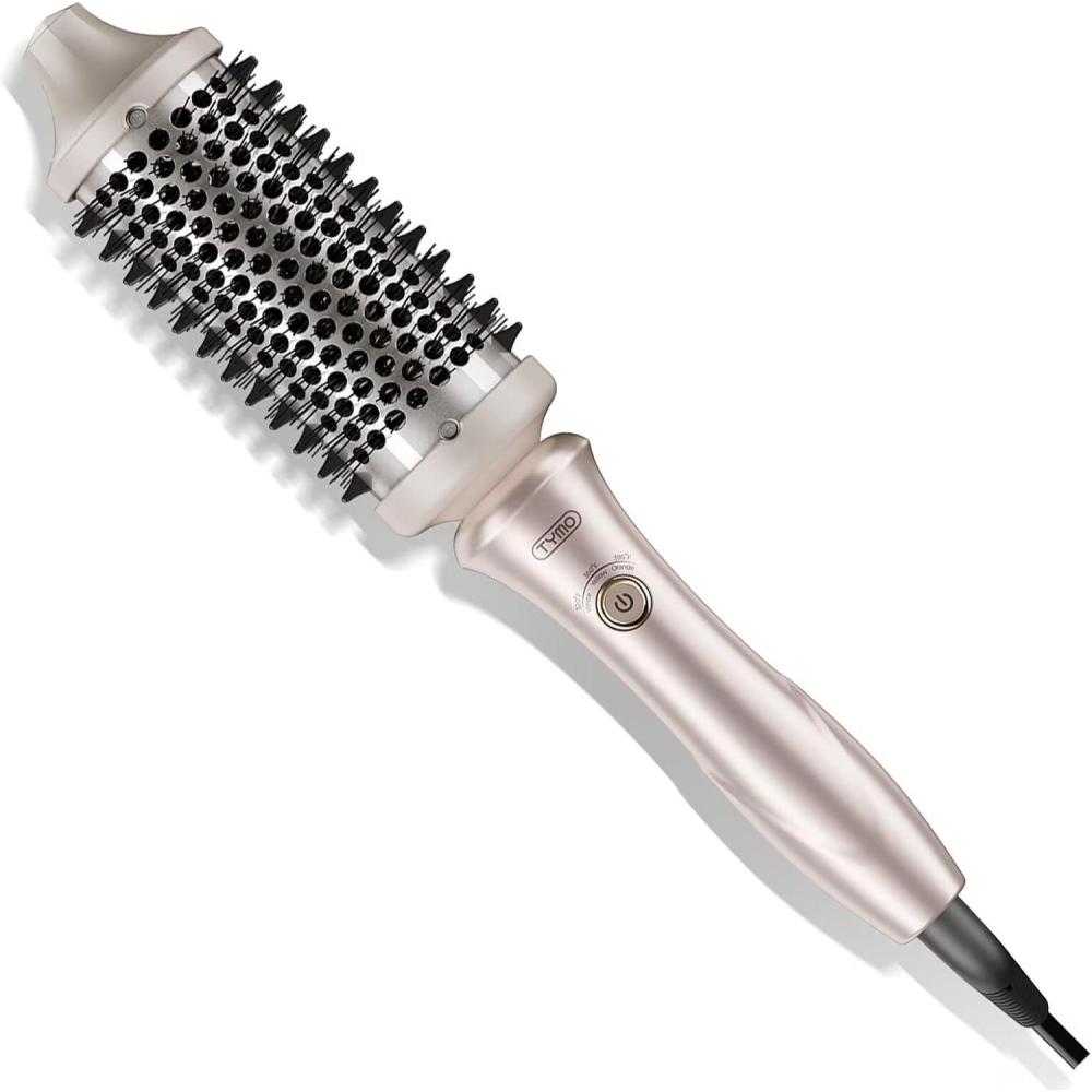TYMO 2.0 Thermal Brush Curling Brush – STYLUX 1.7″ Blowout Volumizer with Flexi-Fit for Hair Straightening, Heated Round Styler Tool, Hair Straightener and Curler 2 in 1, Dual Voltage & Light, Gold