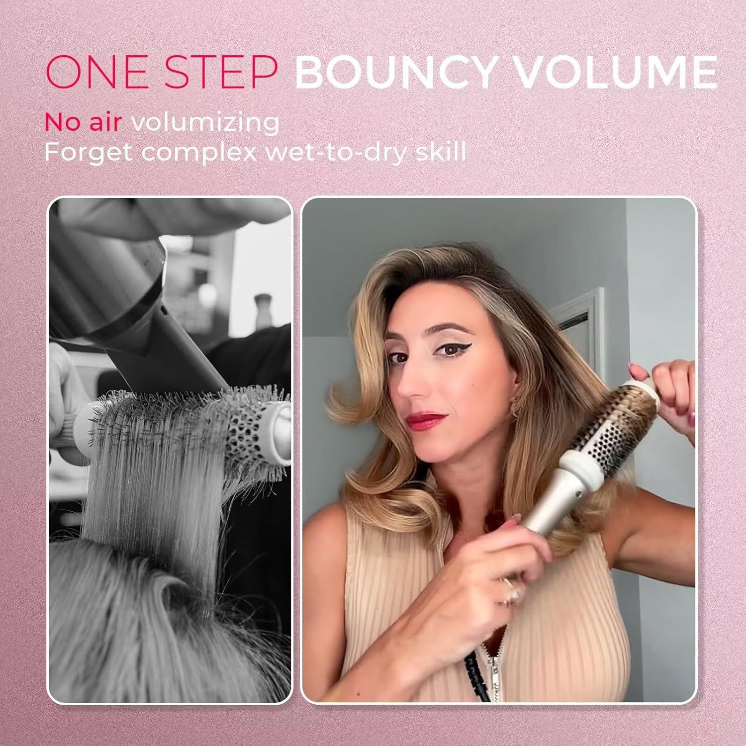 TYMO 2.0 Thermal Brush Curling Brush – STYLUX 1.7″ Blowout Volumizer with Flexi-Fit for Hair Straightening, Heated Round Styler Tool, Hair Straightener and Curler 2 in 1, Dual Voltage & Light, Gold