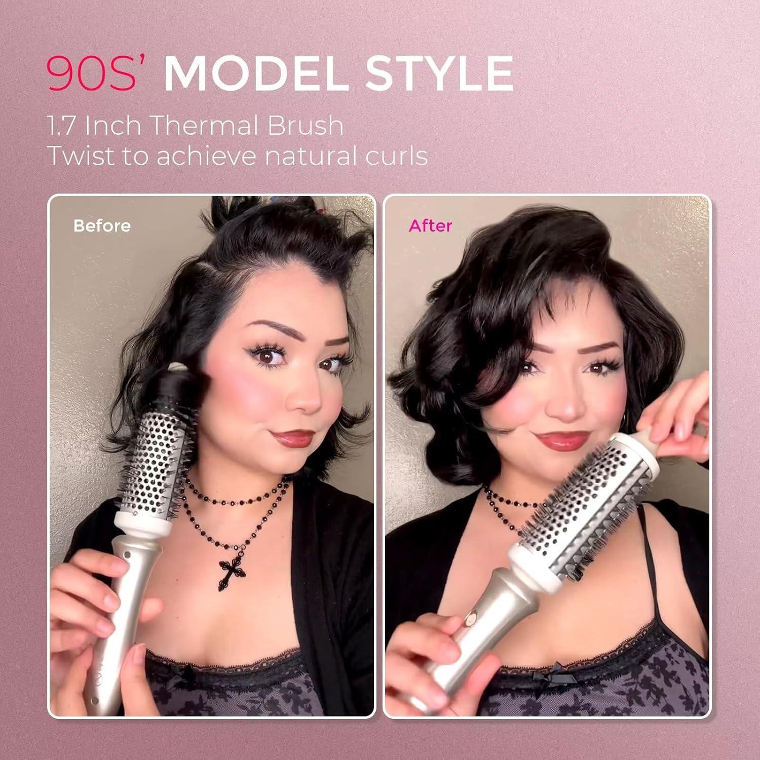 TYMO 2.0 Thermal Brush Curling Brush – STYLUX 1.7″ Blowout Volumizer with Flexi-Fit for Hair Straightening, Heated Round Styler Tool, Hair Straightener and Curler 2 in 1, Dual Voltage & Light, Gold