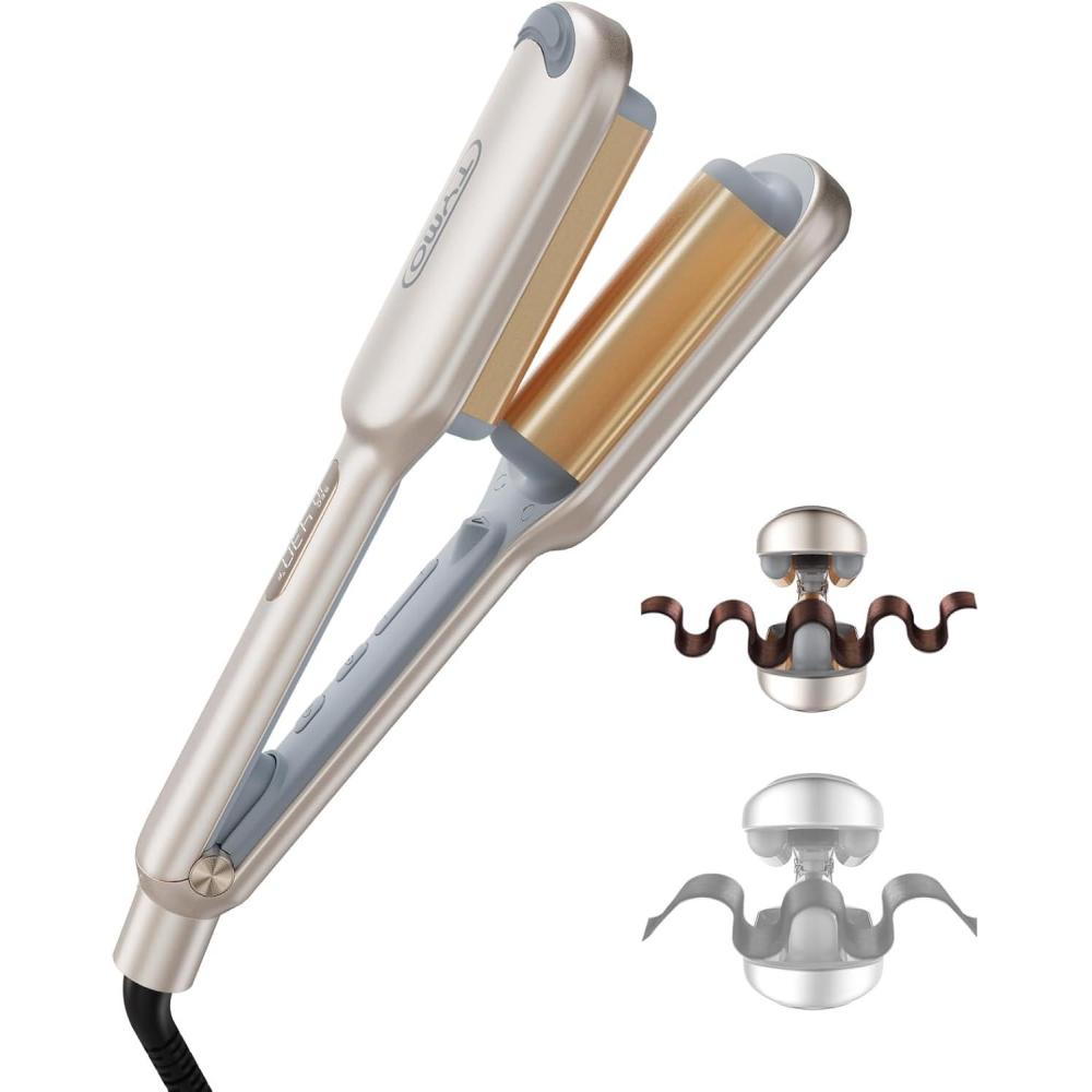 Curling Iron Hair Crimper Waver – TYMO ROVY Beach Waves Curling Wand, Ionic Deep Waver Hair Curler Tool with Ceramic 3 Barrel for Women, Dual Voltage, Anti-Scald, Easy to Use, Pink, 1.25 Inch(Elegant Gold)