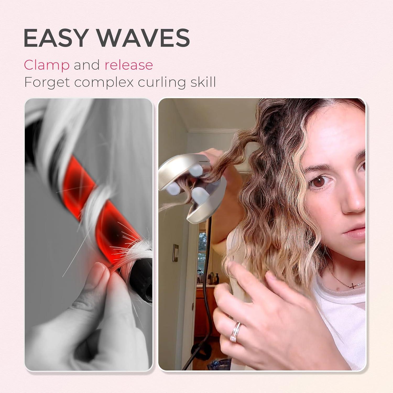 Curling Iron Hair Crimper Waver – TYMO ROVY Beach Waves Curling Wand, Ionic Deep Waver Hair Curler Tool with Ceramic 3 Barrel for Women, Dual Voltage, Anti-Scald, Easy to Use, Pink, 1.25 Inch(Elegant Gold)