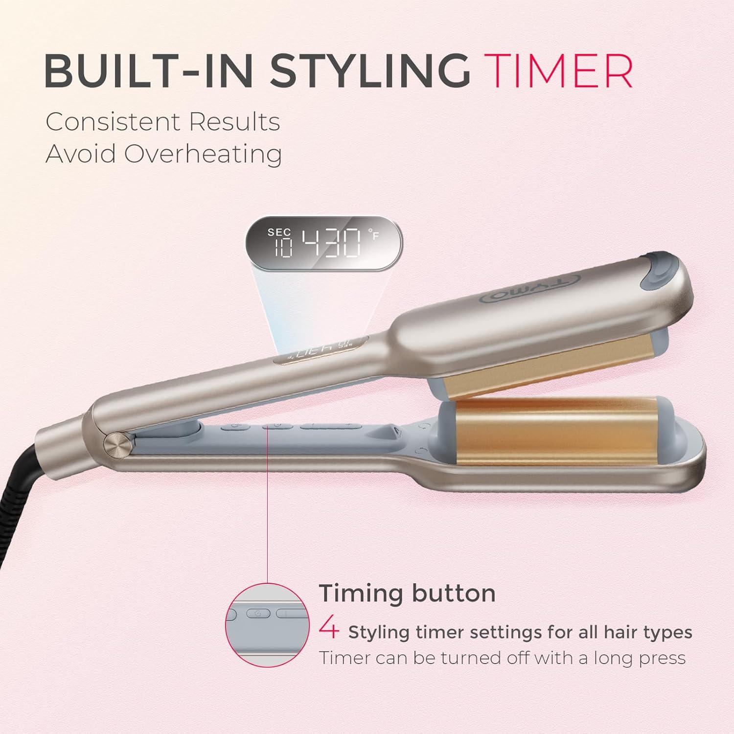 Curling Iron Hair Crimper Waver – TYMO ROVY Beach Waves Curling Wand, Ionic Deep Waver Hair Curler Tool with Ceramic 3 Barrel for Women, Dual Voltage, Anti-Scald, Easy to Use, Pink, 1.25 Inch(Elegant Gold)