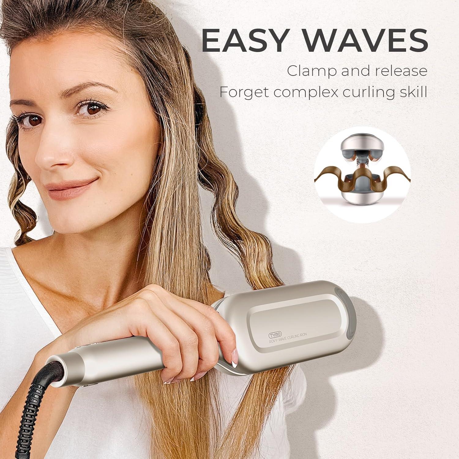 Curling Iron Hair Crimper Waver – TYMO ROVY Beach Waves Curling Wand, Ionic Deep Waver Hair Curler Tool with Ceramic 3 Barrel for Women, Dual Voltage, Anti-Scald, Easy to Use, Pink, 1.25 Inch(Elegant Gold)