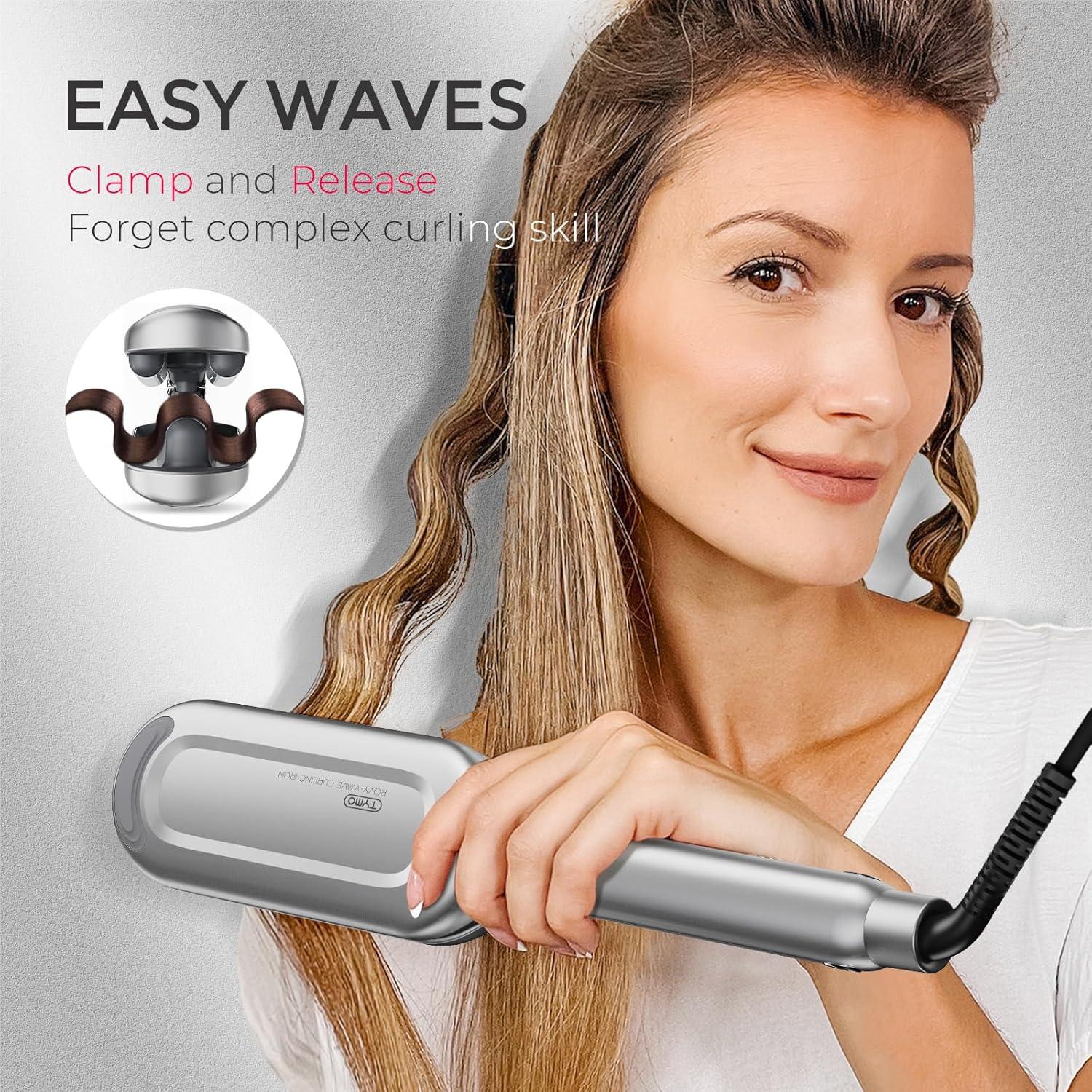 Curling Iron Hair Crimper Waver – TYMO ROVY Beach Waves Curling Wand, Ionic Deep Waver Hair Curler Tool with Ceramic 3 Barrel for Women, Dual Voltage, Anti-Scald, Easy to Use, Pink, 1.25 Inch(Grey)