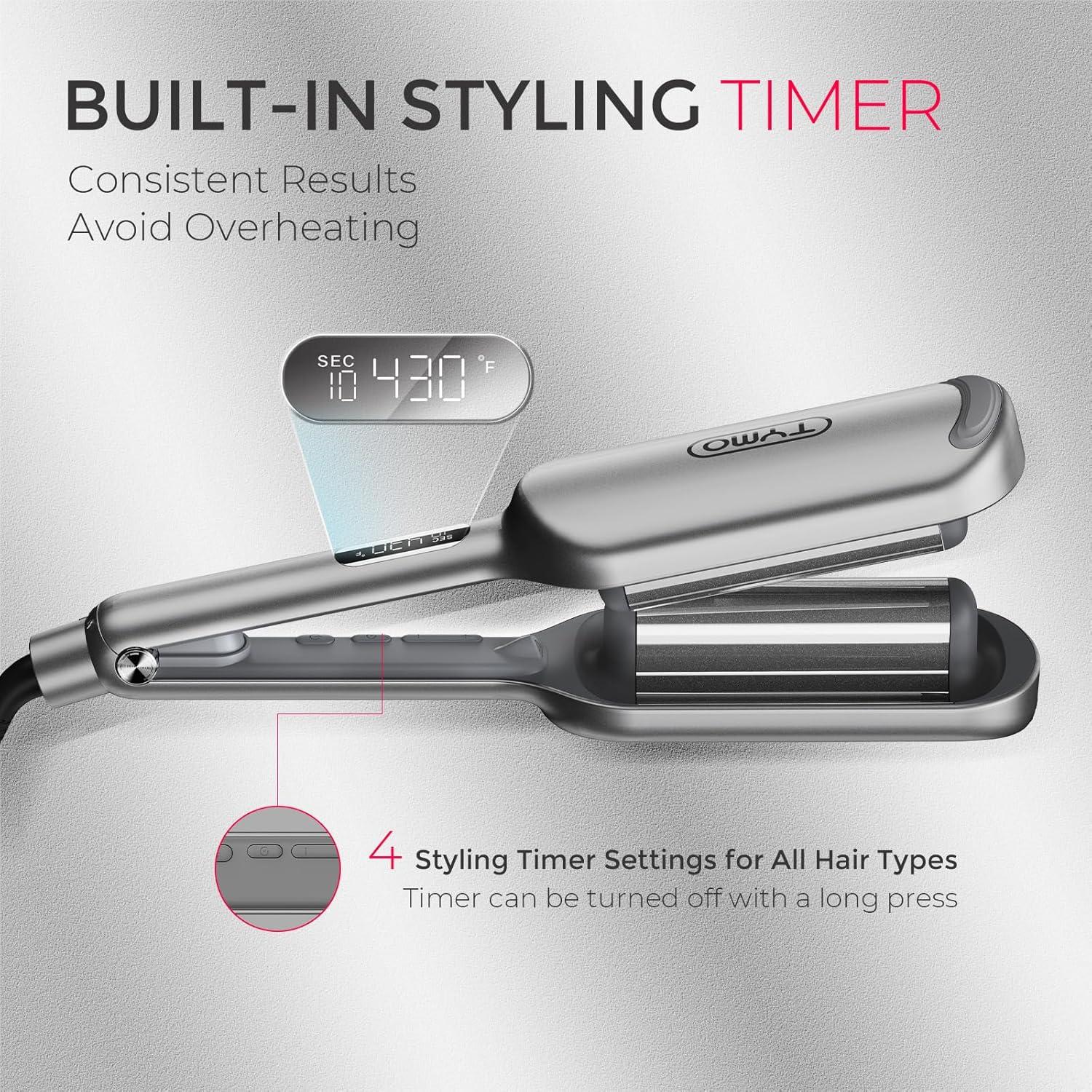 Curling Iron Hair Crimper Waver – TYMO ROVY Beach Waves Curling Wand, Ionic Deep Waver Hair Curler Tool with Ceramic 3 Barrel for Women, Dual Voltage, Anti-Scald, Easy to Use, Pink, 1.25 Inch(Grey)