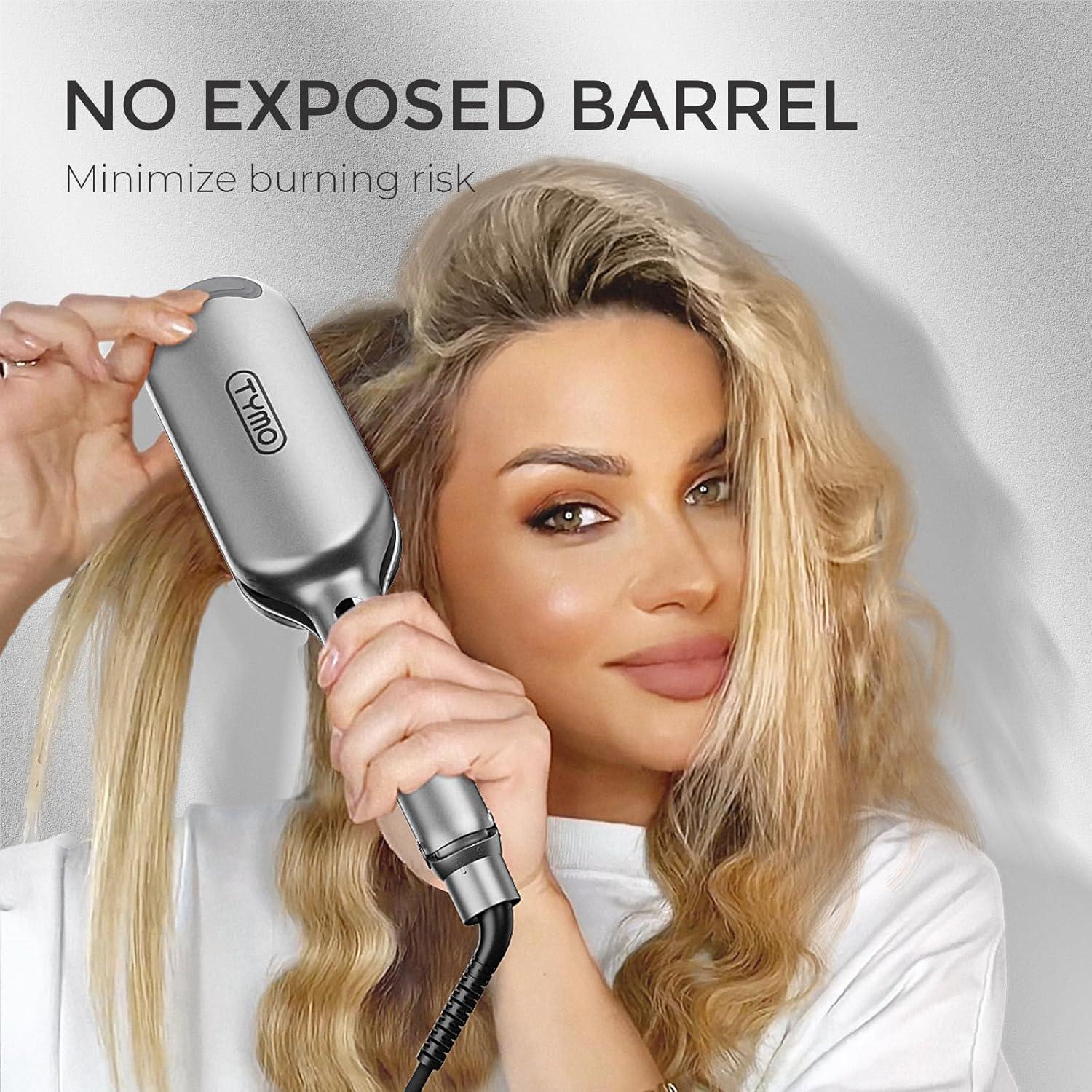 Curling Iron Hair Crimper Waver – TYMO ROVY Beach Waves Curling Wand, Ionic Deep Waver Hair Curler Tool with Ceramic 3 Barrel for Women, Dual Voltage, Anti-Scald, Easy to Use, Pink, 1.25 Inch(Grey)