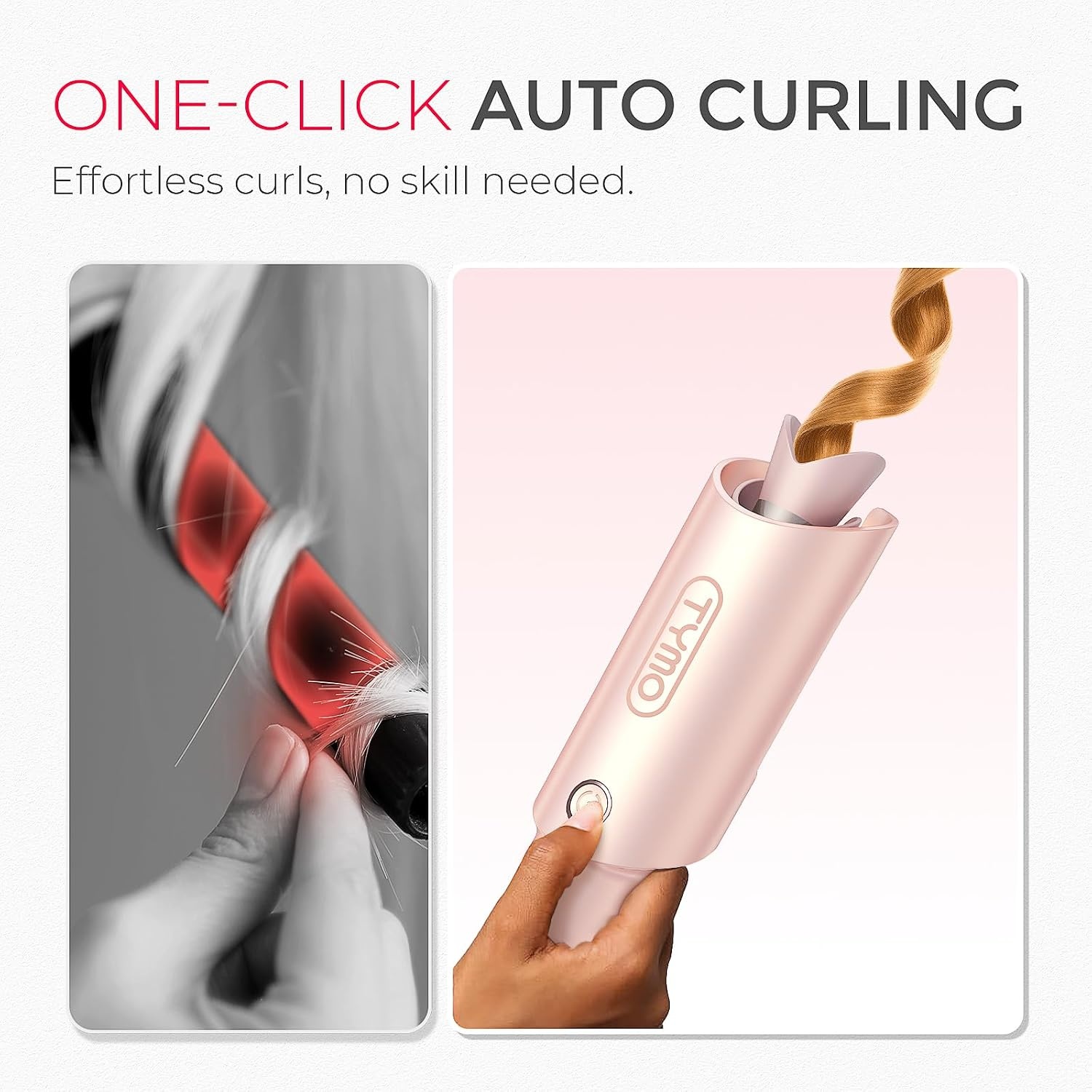 TYMO Automatic Rotating Curling Iron – TYMO CURLPRO Beach Waves Curling Wand, Portable Hair Curler, 500 Million Ionic, Dual Voltage & Lightweight for Travel, Ceramic Coating, 1 Inch, Rose Gold(Rose Gold)