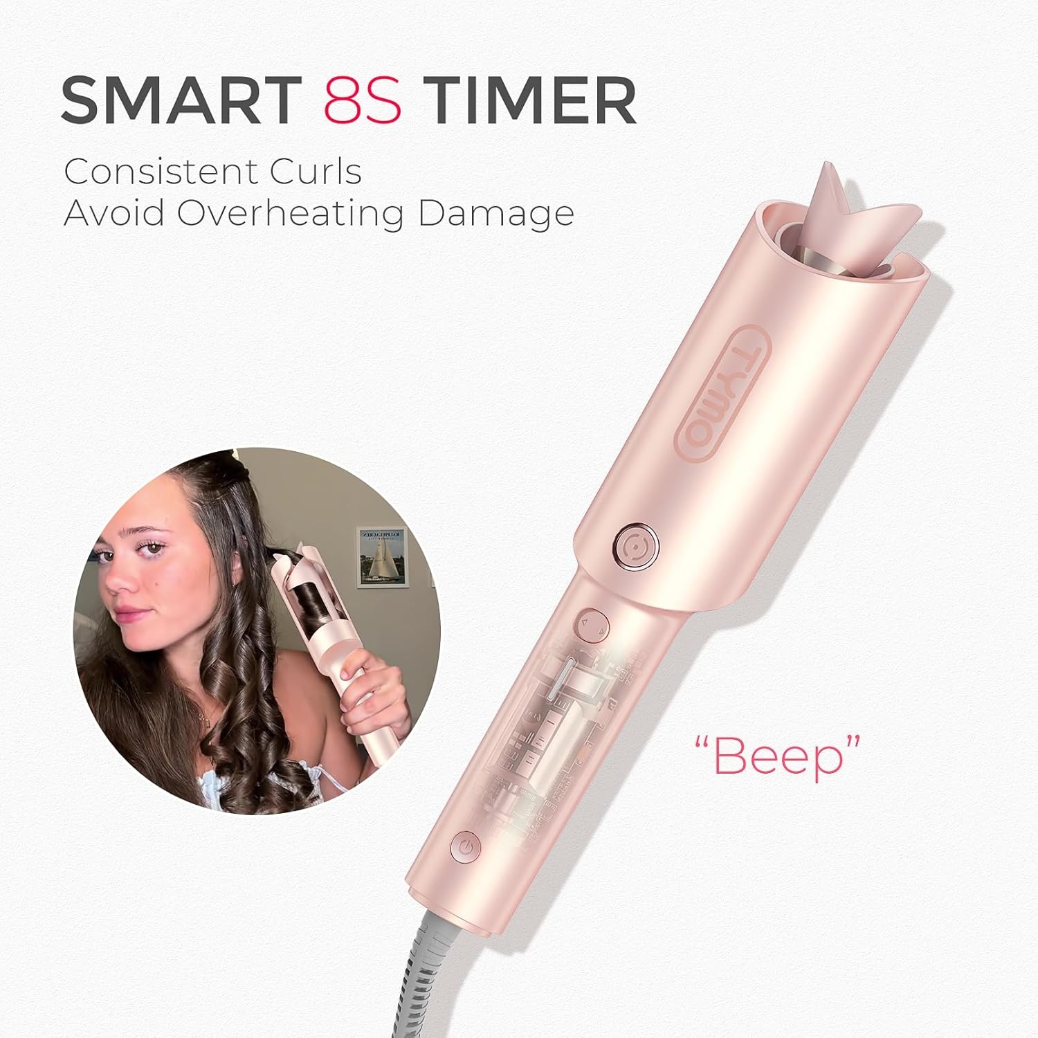 TYMO Automatic Rotating Curling Iron – TYMO CURLPRO Beach Waves Curling Wand, Portable Hair Curler, 500 Million Ionic, Dual Voltage & Lightweight for Travel, Ceramic Coating, 1 Inch, Rose Gold(Rose Gold)