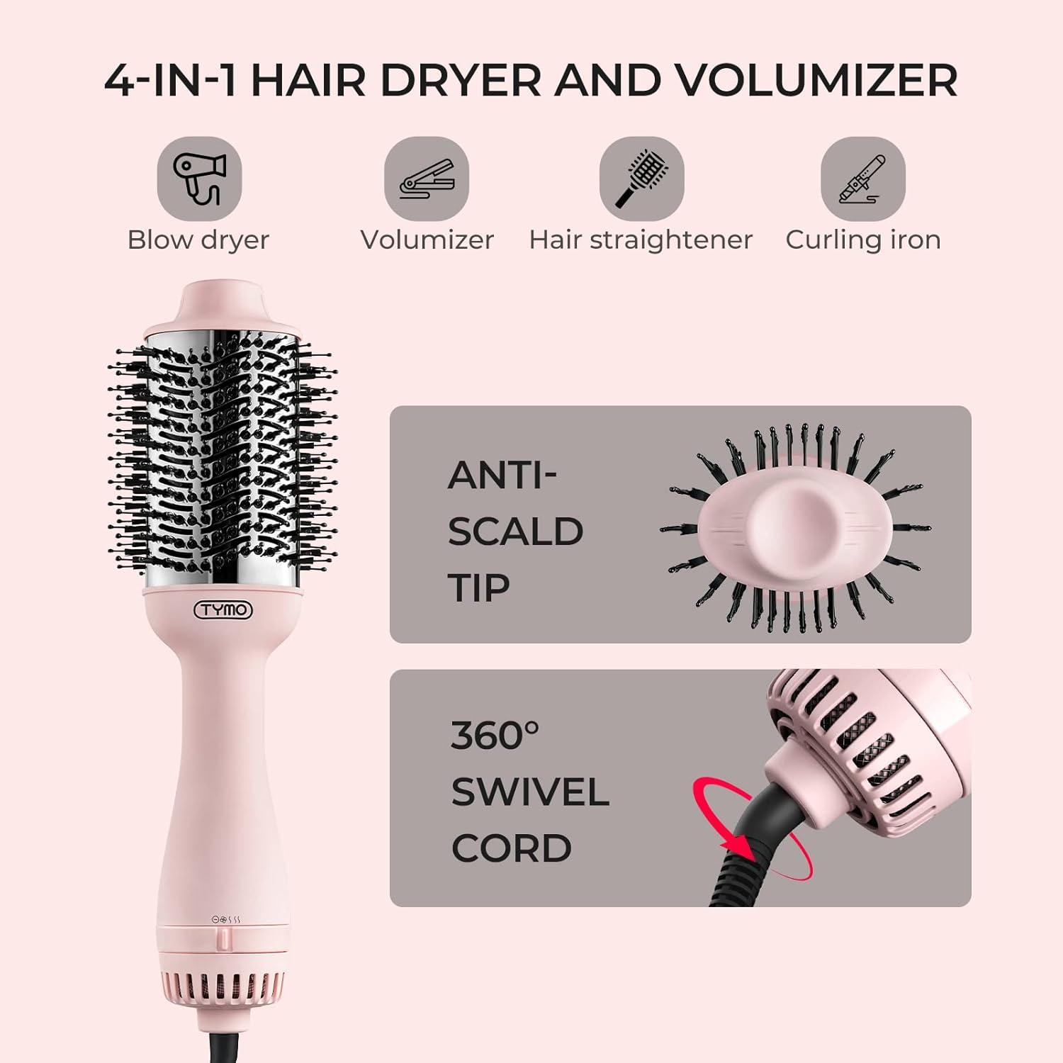 TYMO Hair Dryer Brush Blow Dryer Brush in One, 4 in 1 Ionic Hairdryer and Styler Volumizer with Oval Titanium Barrel, Hot Air Straightener for Smooth Frizz-Free Blowout, Gold(Pink)