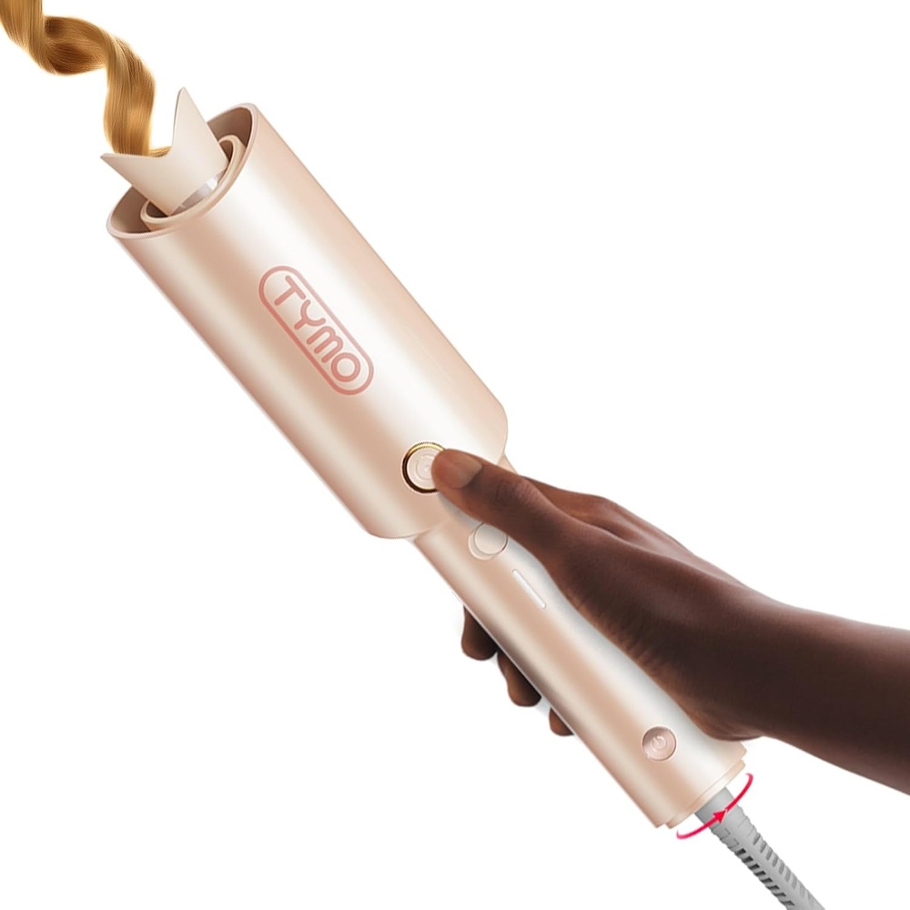 TYMO Automatic Rotating Curling Iron – TYMO CURLPRO Beach Waves Curling Wand, Portable Hair Curler, 500 Million Ionic, Dual Voltage & Lightweight for Travel, Ceramic Coating, 1 Inch, Rose Gold(Peach)
