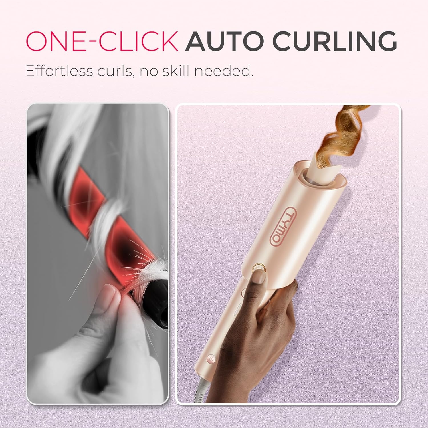 TYMO Automatic Rotating Curling Iron – TYMO CURLPRO Beach Waves Curling Wand, Portable Hair Curler, 500 Million Ionic, Dual Voltage & Lightweight for Travel, Ceramic Coating, 1 Inch, Rose Gold(Peach)