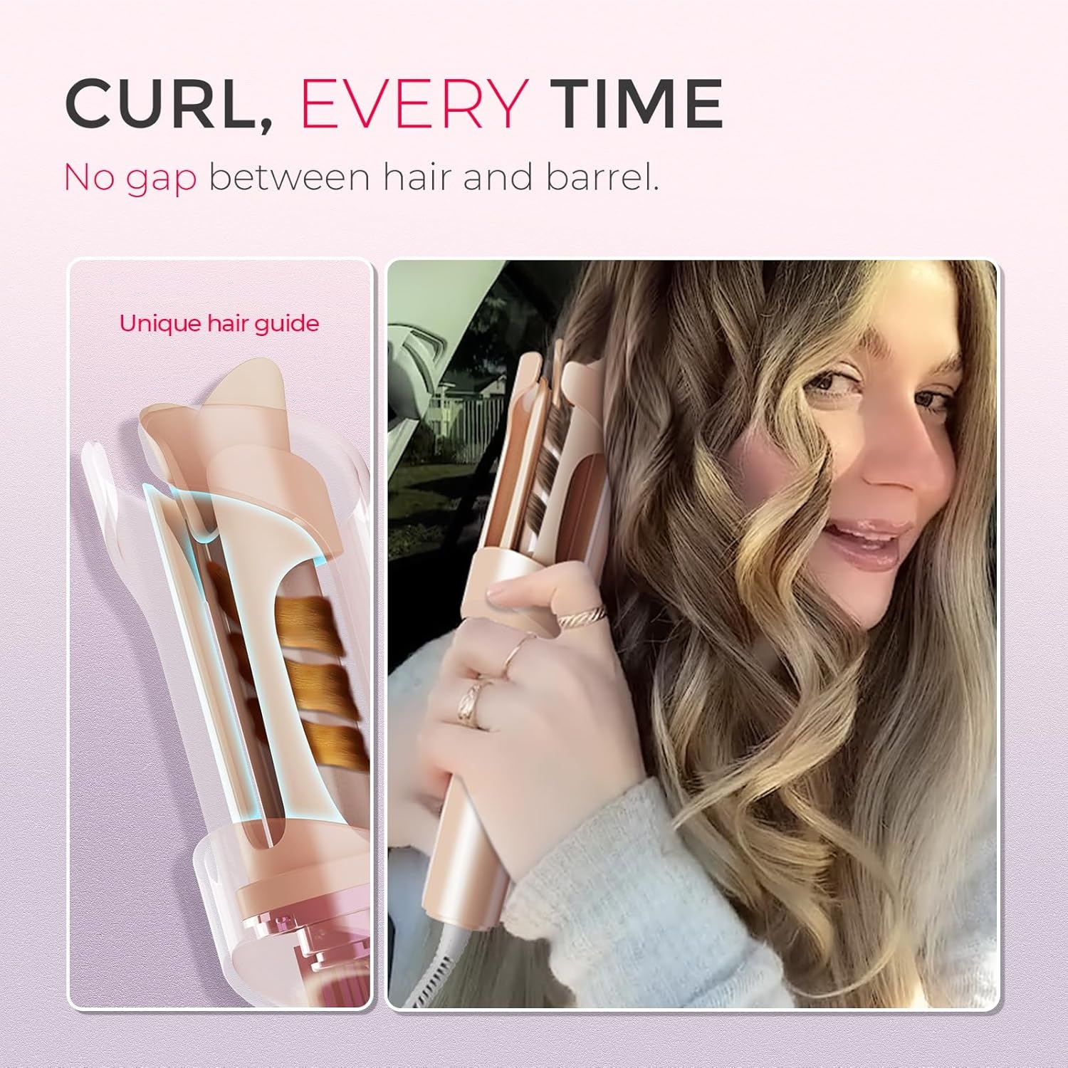 TYMO Automatic Rotating Curling Iron – TYMO CURLPRO Beach Waves Curling Wand, Portable Hair Curler, 500 Million Ionic, Dual Voltage & Lightweight for Travel, Ceramic Coating, 1 Inch, Rose Gold(Peach)