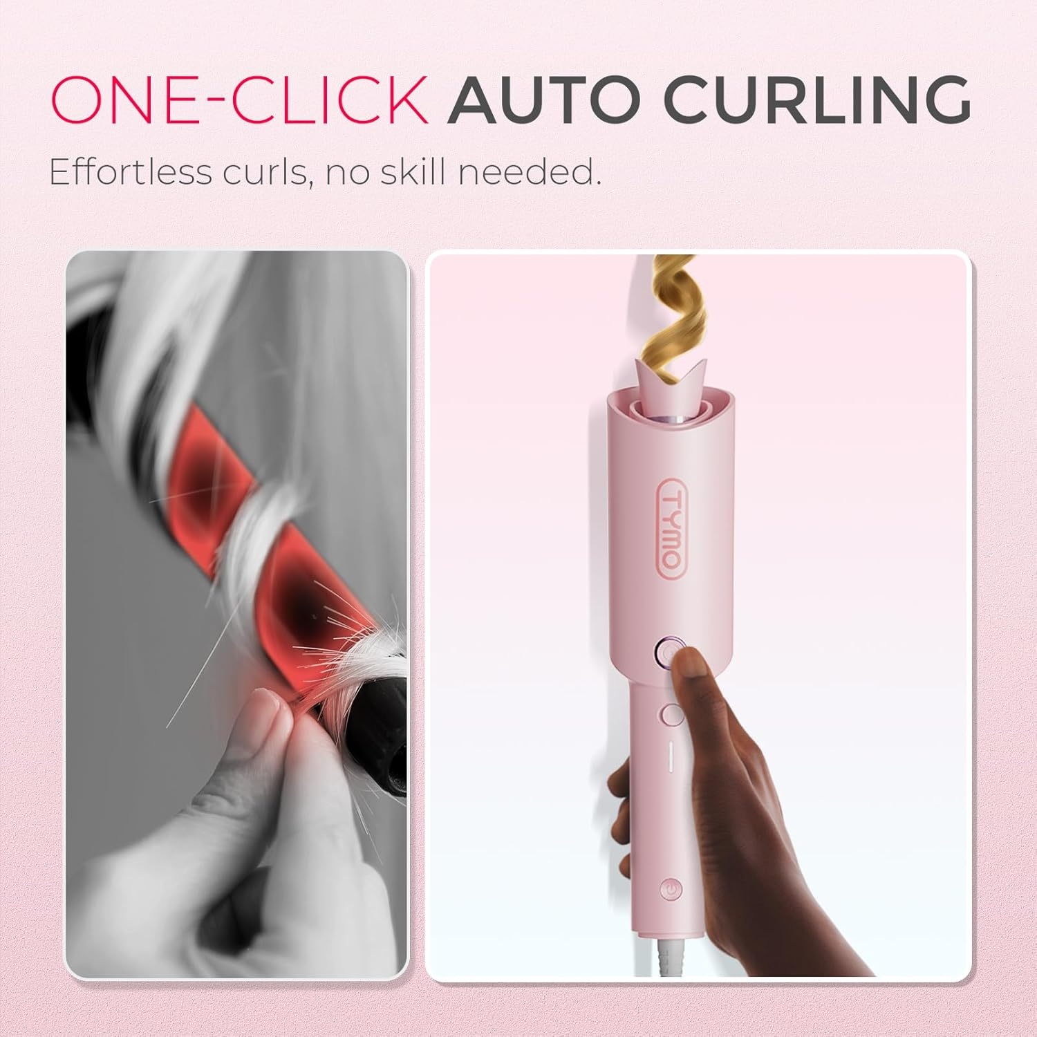 TYMO Automatic Rotating Curling Iron – TYMO CURLPRO Beach Waves Curling Wand, Portable Hair Curler, 500 Million Ionic, Dual Voltage & Lightweight for Travel, Ceramic Coating, 1 Inch, Rose Gold(Pink)