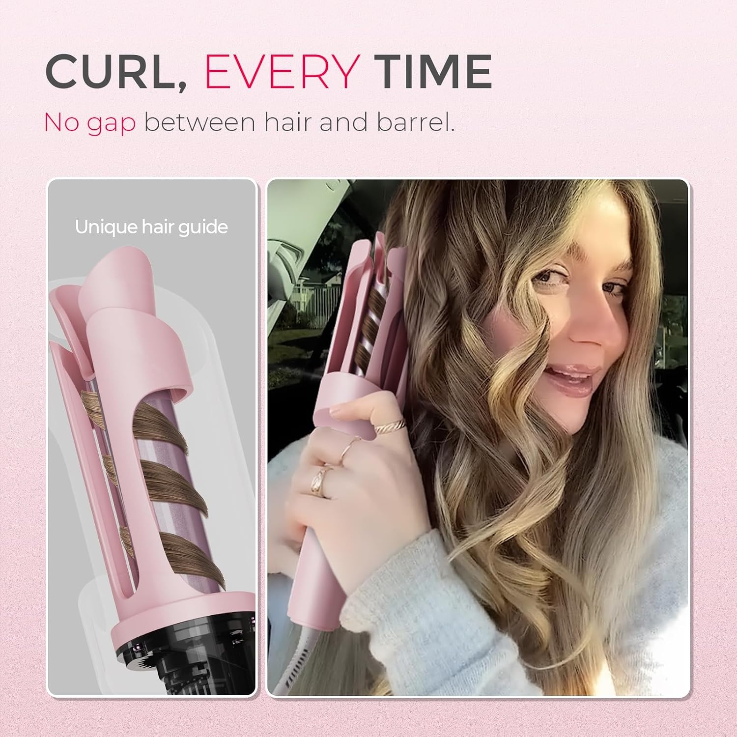 TYMO Automatic Rotating Curling Iron – TYMO CURLPRO Beach Waves Curling Wand, Portable Hair Curler, 500 Million Ionic, Dual Voltage & Lightweight for Travel, Ceramic Coating, 1 Inch, Rose Gold(Pink)