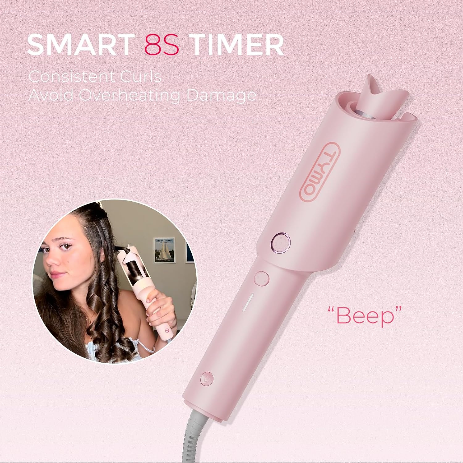 TYMO Automatic Rotating Curling Iron – TYMO CURLPRO Beach Waves Curling Wand, Portable Hair Curler, 500 Million Ionic, Dual Voltage & Lightweight for Travel, Ceramic Coating, 1 Inch, Rose Gold(Pink)