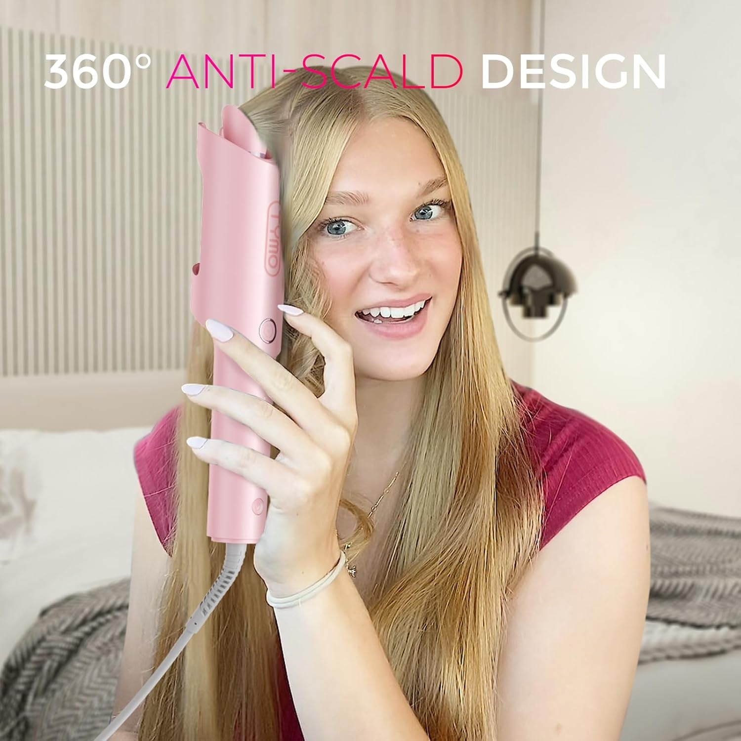 TYMO Automatic Rotating Curling Iron – TYMO CURLPRO Beach Waves Curling Wand, Portable Hair Curler, 500 Million Ionic, Dual Voltage & Lightweight for Travel, Ceramic Coating, 1 Inch, Rose Gold(Pink)