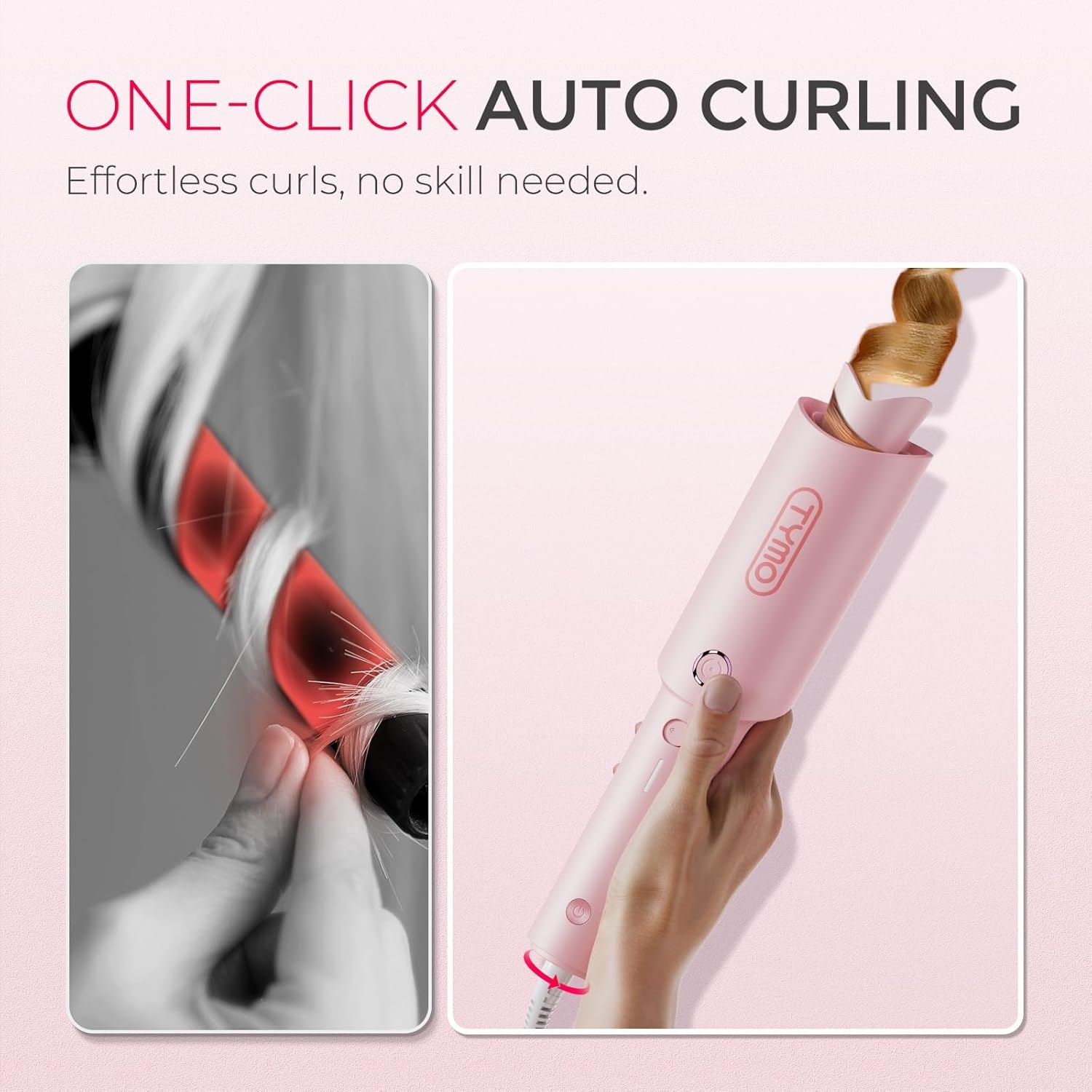 TYMO Automatic Rotating Curling Iron – TYMO CURLPRO Beach Waves Curling Wand, Portable Hair Curler, 500 Million Ionic, Dual Voltage & Lightweight for Travel, Ceramic Coating, 1 Inch, Rose Gold(Pink)