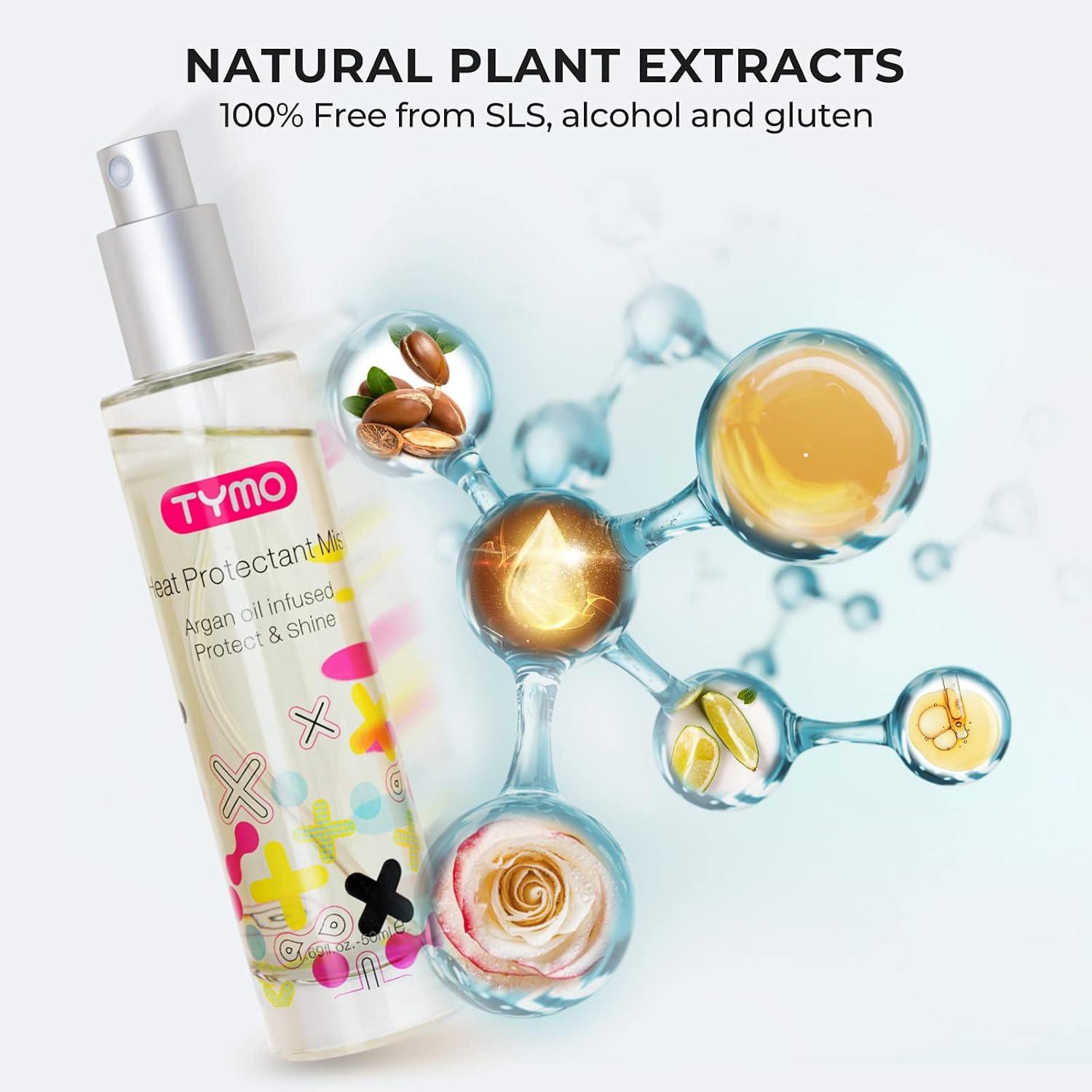 TYMO Heat Protectant Spray for Hair with Argan Oil for Styling Tools, Heat Protection Spray to Smooth & Hydrate, Natural Clean Formulation, Multi-benefit Treatment, Lightweight for All Hair Types(1.69 Fl Oz (Pack of 2))
