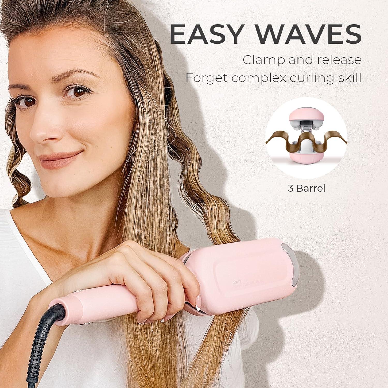 Curling Iron Hair Crimper Waver – TYMO ROVY Beach Waves Curling Wand, Ionic Deep Waver Hair Curler Tool with Ceramic 3 Barrel for Women, Dual Voltage, Anti-Scald, Easy to Use, Pink, 1.25 Inch(Pink)