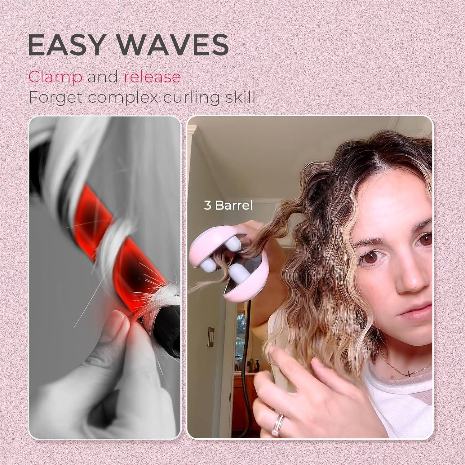Curling Iron Hair Crimper Waver – TYMO ROVY Beach Waves Curling Wand, Ionic Deep Waver Hair Curler Tool with Ceramic 3 Barrel for Women, Dual Voltage, Anti-Scald, Easy to Use, Pink, 1.25 Inch(Pink)