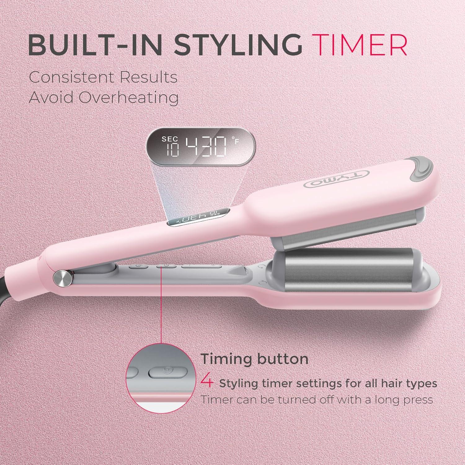 Curling Iron Hair Crimper Waver – TYMO ROVY Beach Waves Curling Wand, Ionic Deep Waver Hair Curler Tool with Ceramic 3 Barrel for Women, Dual Voltage, Anti-Scald, Easy to Use, Pink, 1.25 Inch(Pink)