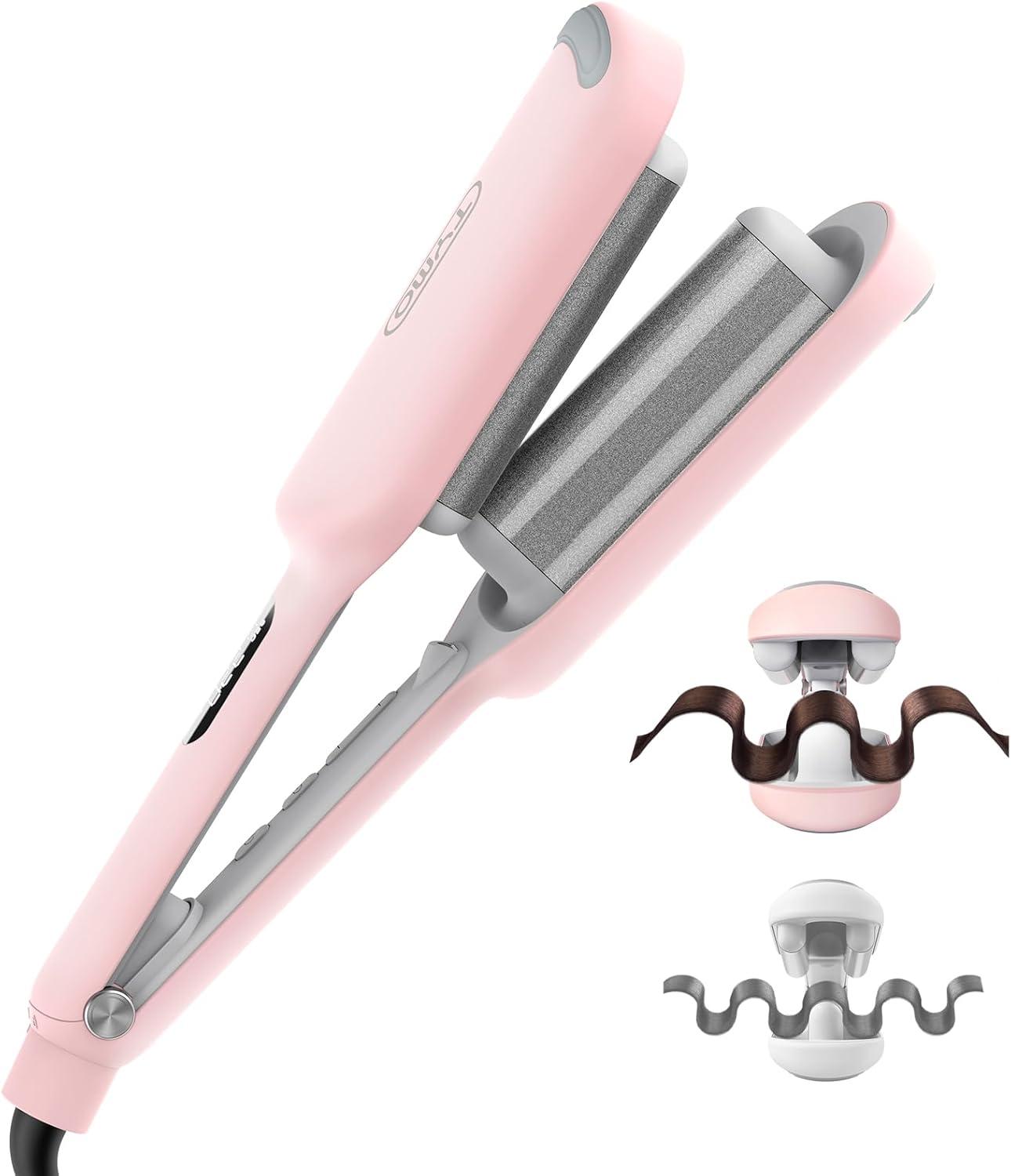 Curling Iron Hair Crimper Waver – TYMO ROVY Beach Waves Curling Wand, Ionic Deep Waver Hair Curler Tool with Ceramic 3 Barrel for Women, Dual Voltage, Anti-Scald, Easy to Use, Pink, 1.25 Inch(Pink)