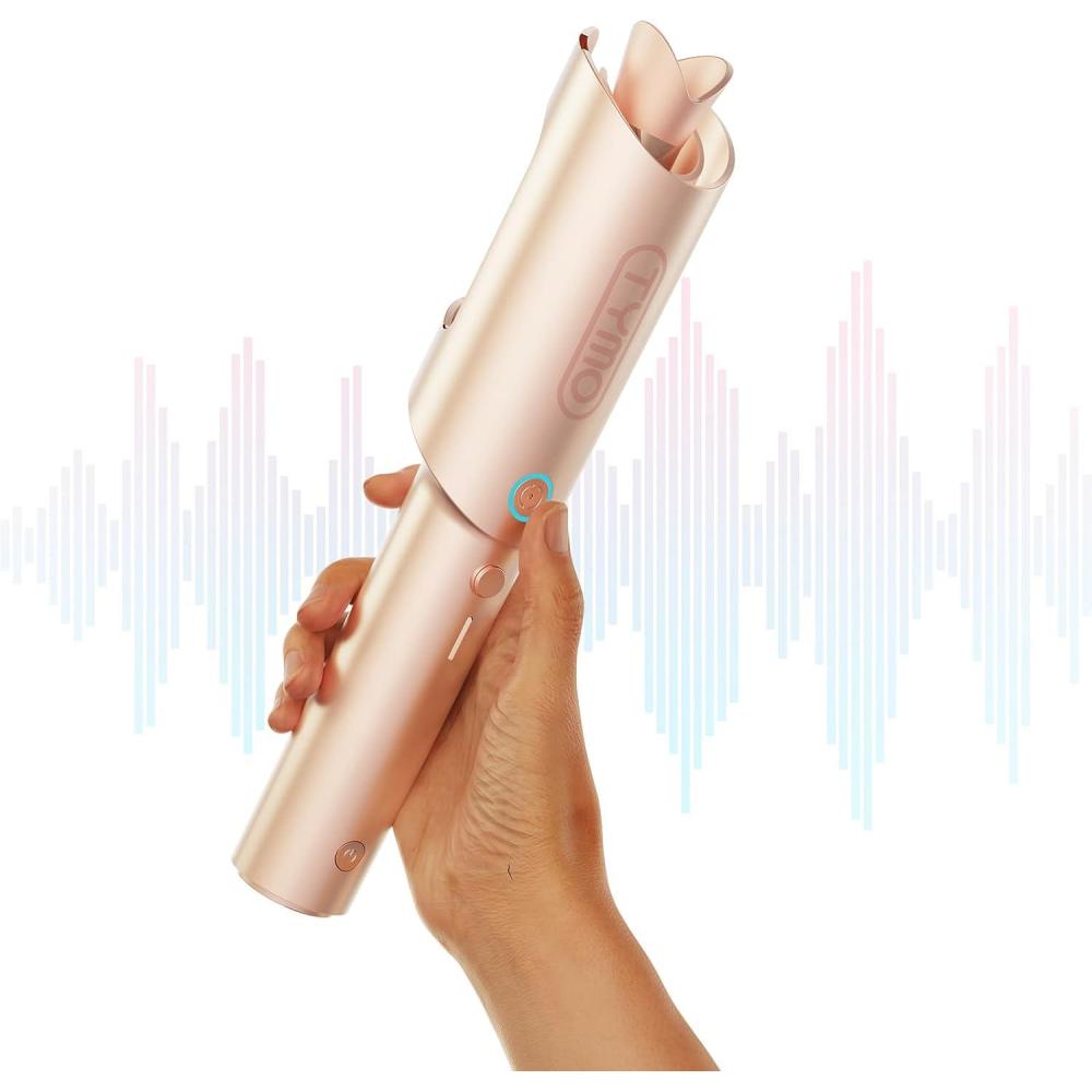 TYMO Cordless Automatic Curling Iron – Upgraded TYMO CurlGo Smart 1 Inch Rotating Curling Wand for Travel, Ionic Beach Waves Portable Hair Curlers for Women, Anti-Scald, Safe & Tangle-Free, Gold Blush