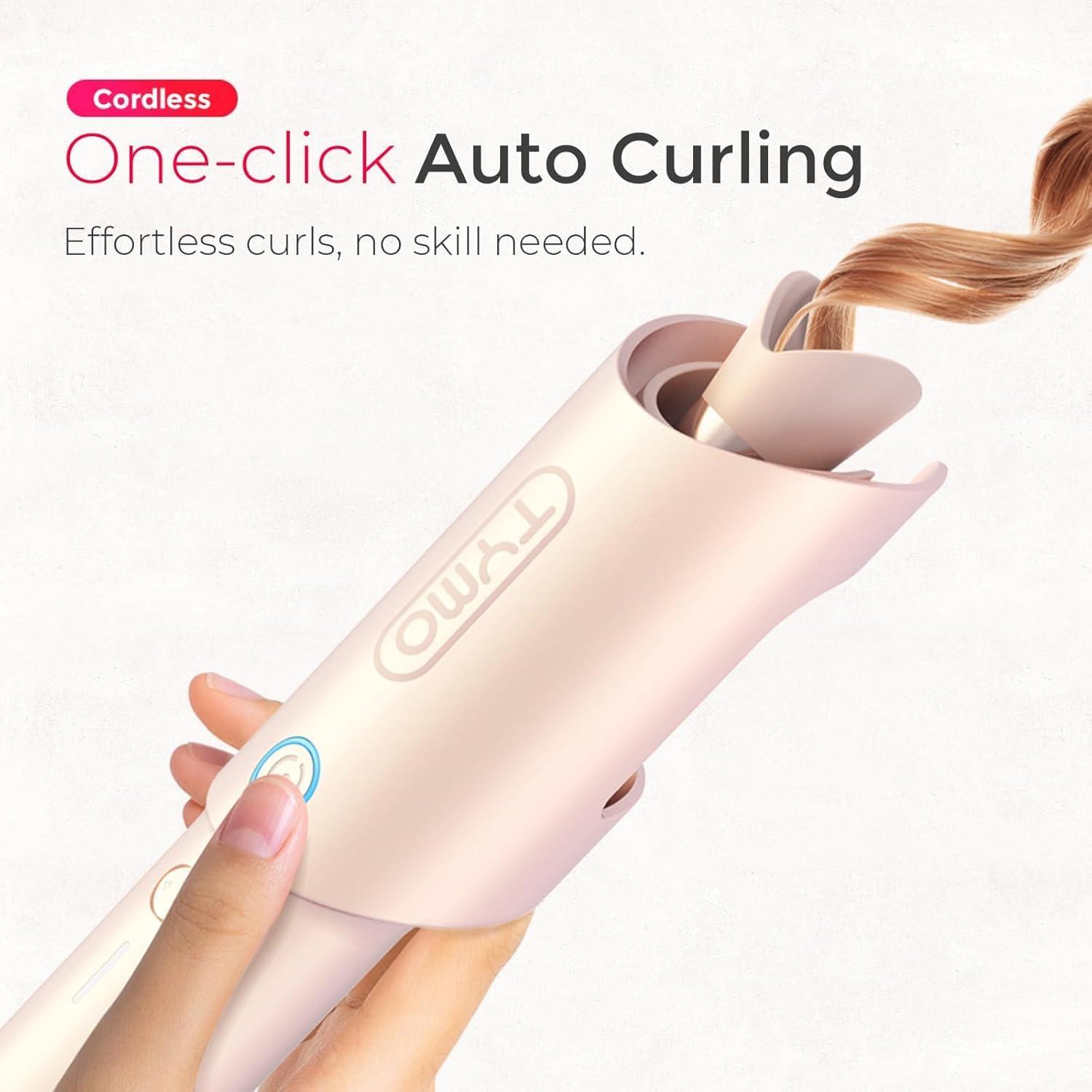TYMO Cordless Automatic Curling Iron – Upgraded TYMO CurlGo Smart 1 Inch Rotating Curling Wand for Travel, Ionic Beach Waves Portable Hair Curlers for Women, Anti-Scald, Safe & Tangle-Free, Gold Blush