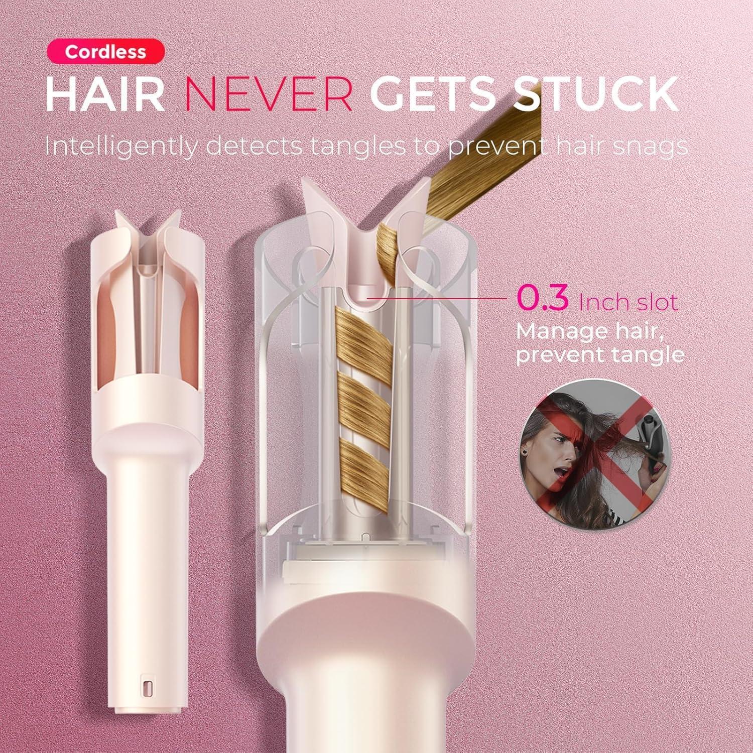 TYMO Cordless Automatic Curling Iron – Upgraded TYMO CurlGo Smart 1 Inch Rotating Curling Wand for Travel, Ionic Beach Waves Portable Hair Curlers for Women, Anti-Scald, Safe & Tangle-Free, Gold Blush
